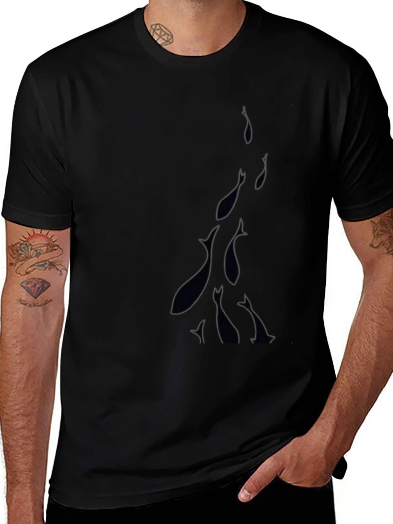 Mens Black Crew Neck T-Shirt with Fish Design