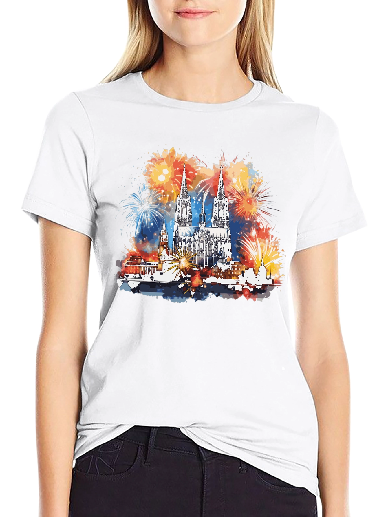 Cologne Cathedral Fireworks Mens Black T-Shirt