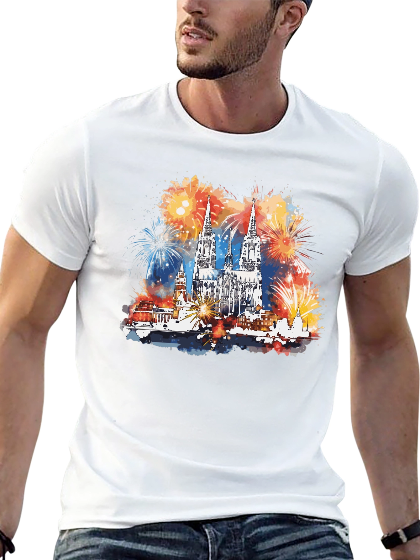 Cologne Cathedral Fireworks Mens Black T-Shirt