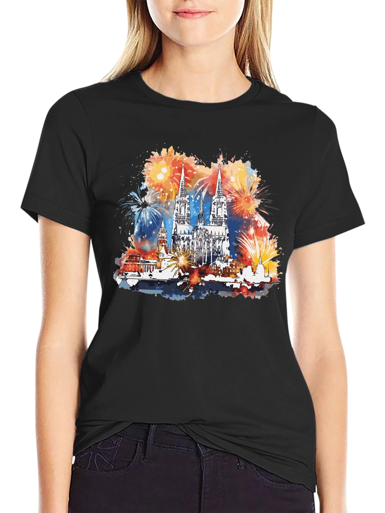 Cologne Cathedral Fireworks Mens Black T-Shirt