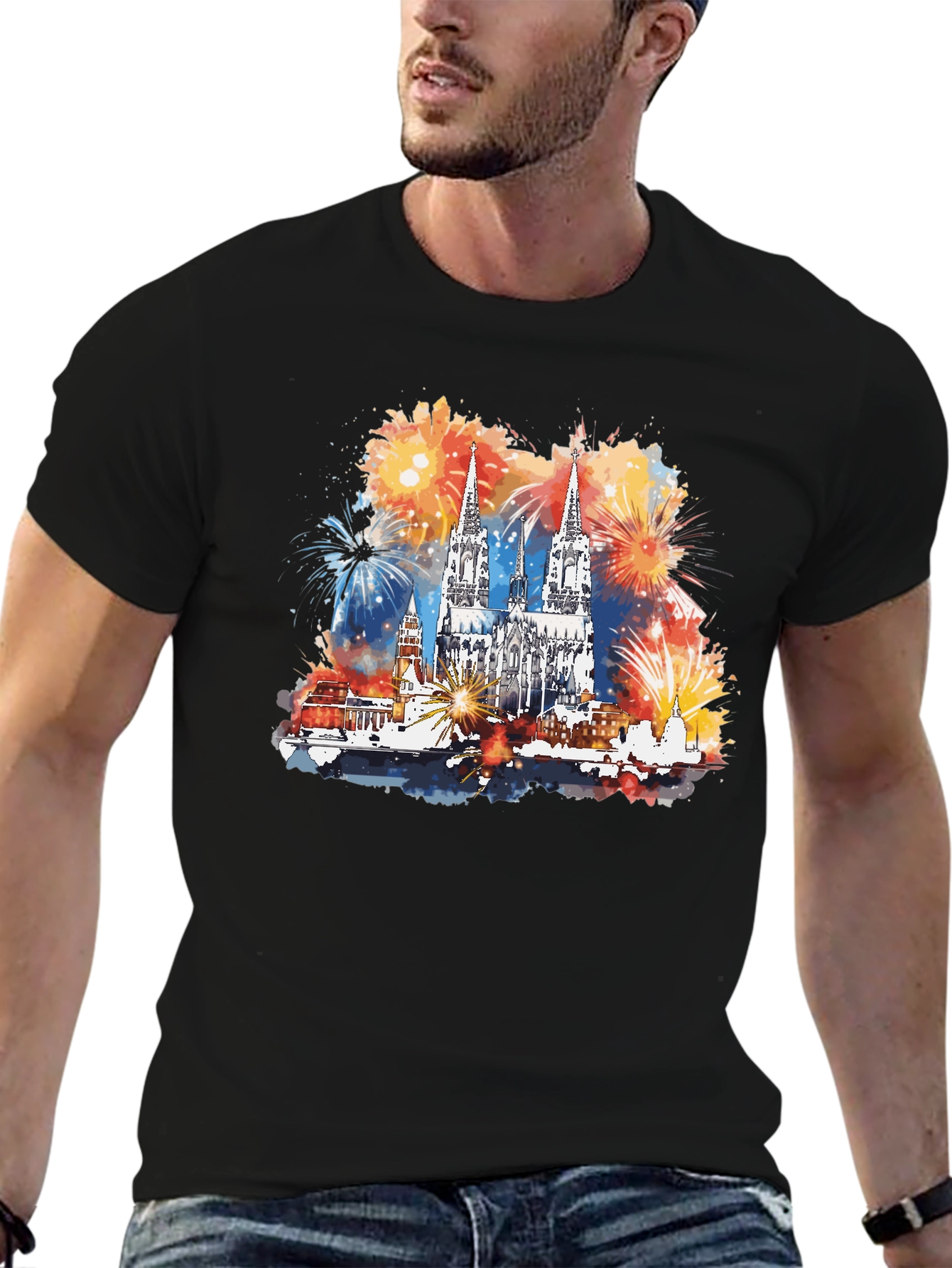 Cologne Cathedral Fireworks Mens Black T-Shirt