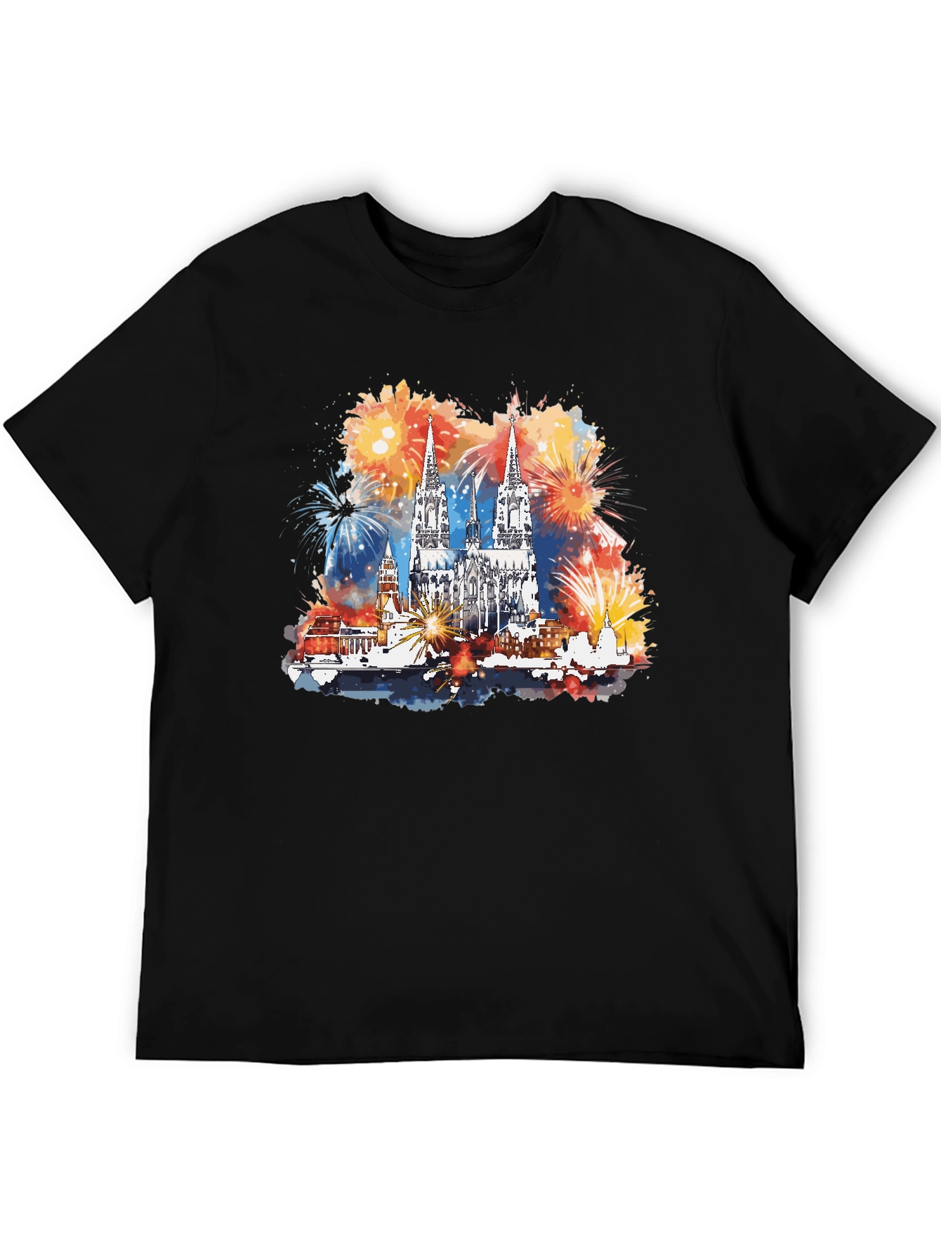 Cologne Cathedral Fireworks Mens Black T-Shirt