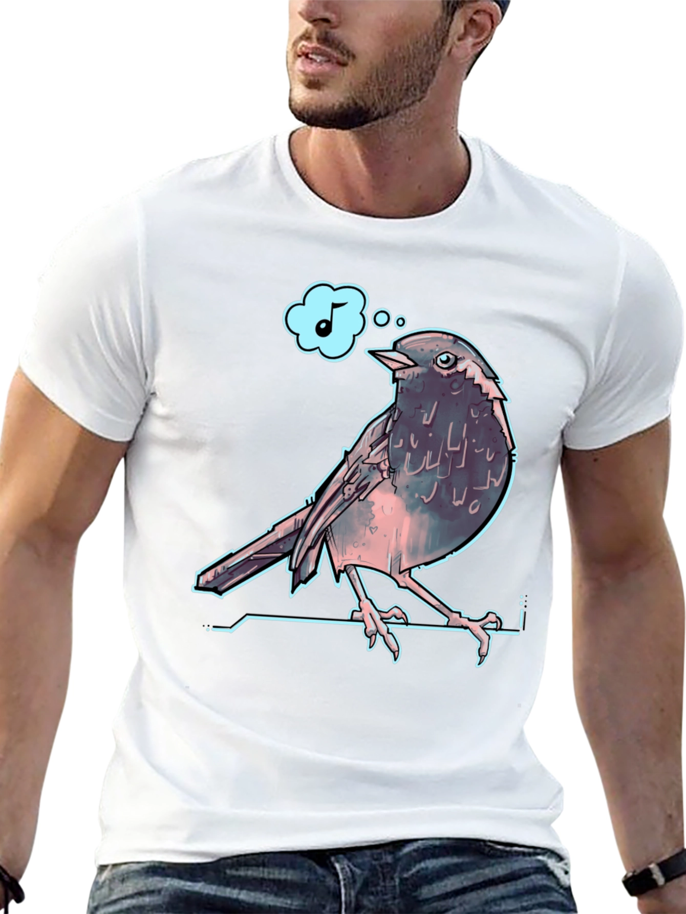 Singing Bird Graphic Tee - Black Cotton T-Shirt