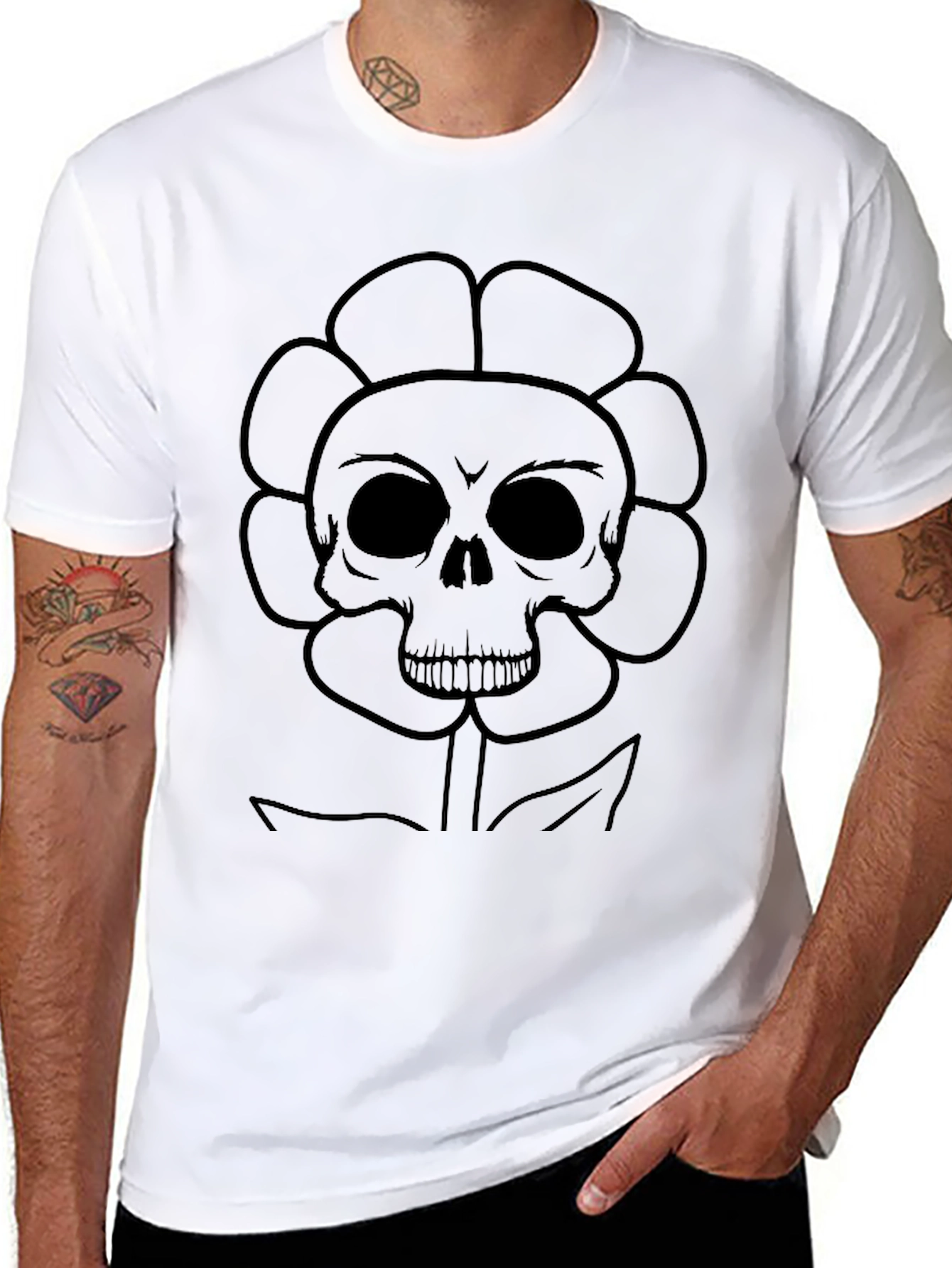 Skull Flower Graphic T-Shirt - Black