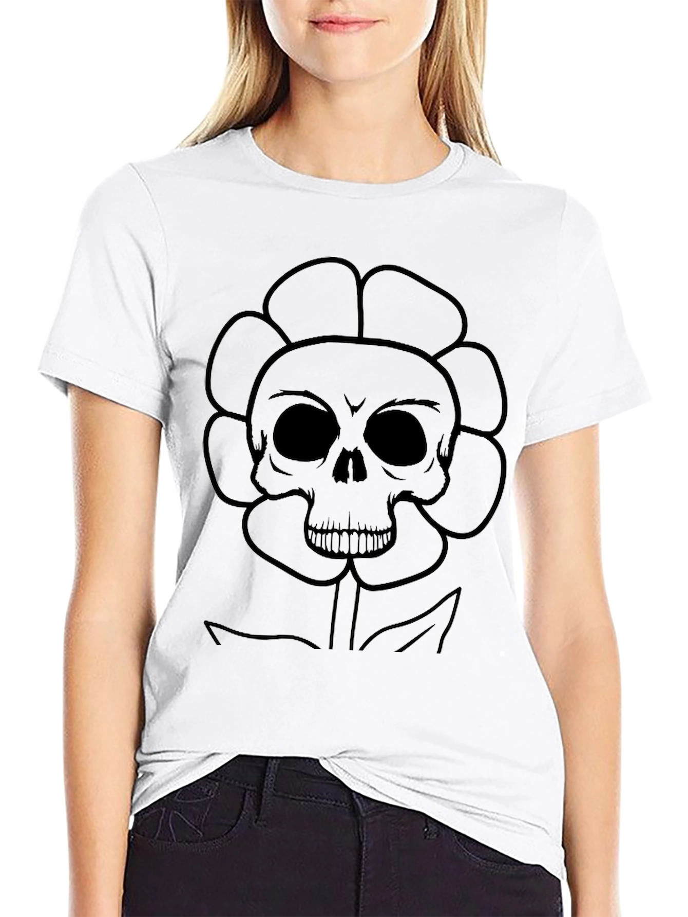 Skull Flower Graphic T-Shirt - Black
