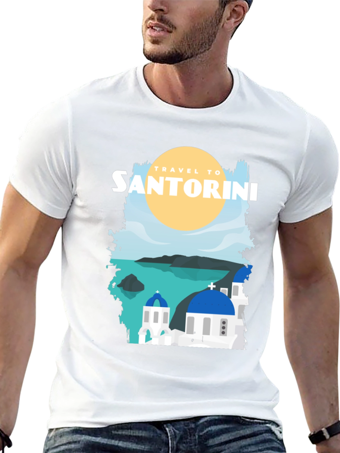 Santorini Travel Graphic Tee - Black Cotton T-Shirt