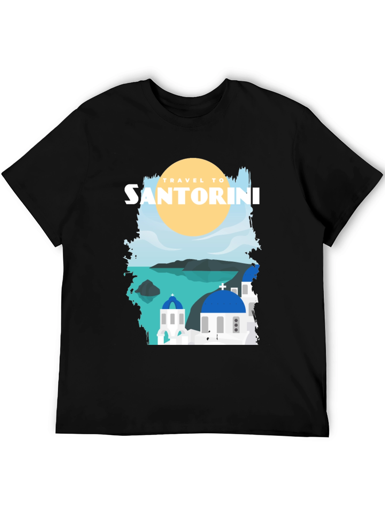 Santorini Travel Graphic Tee - Black Cotton T-Shirt