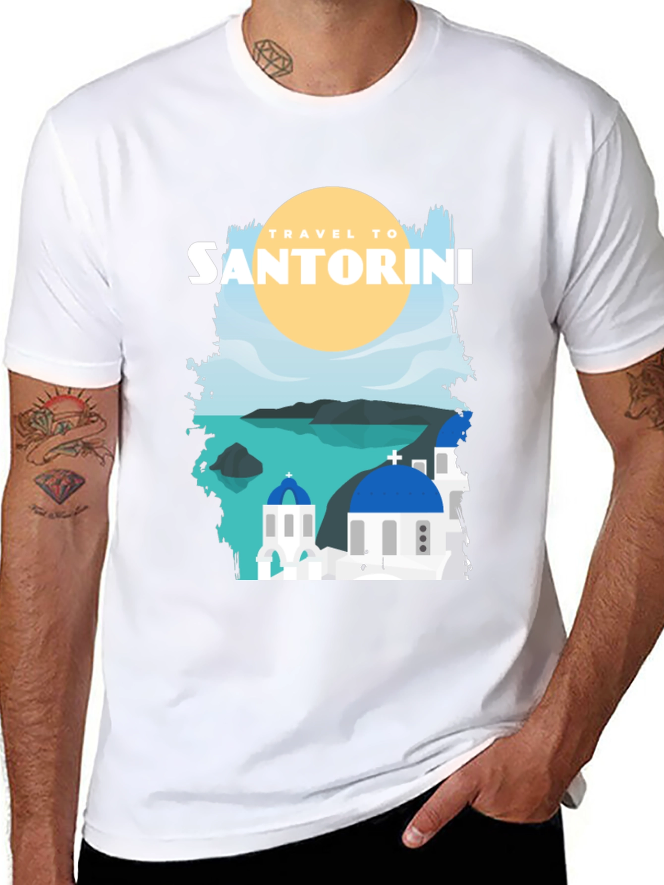 Santorini Travel Graphic Tee - Black Cotton T-Shirt