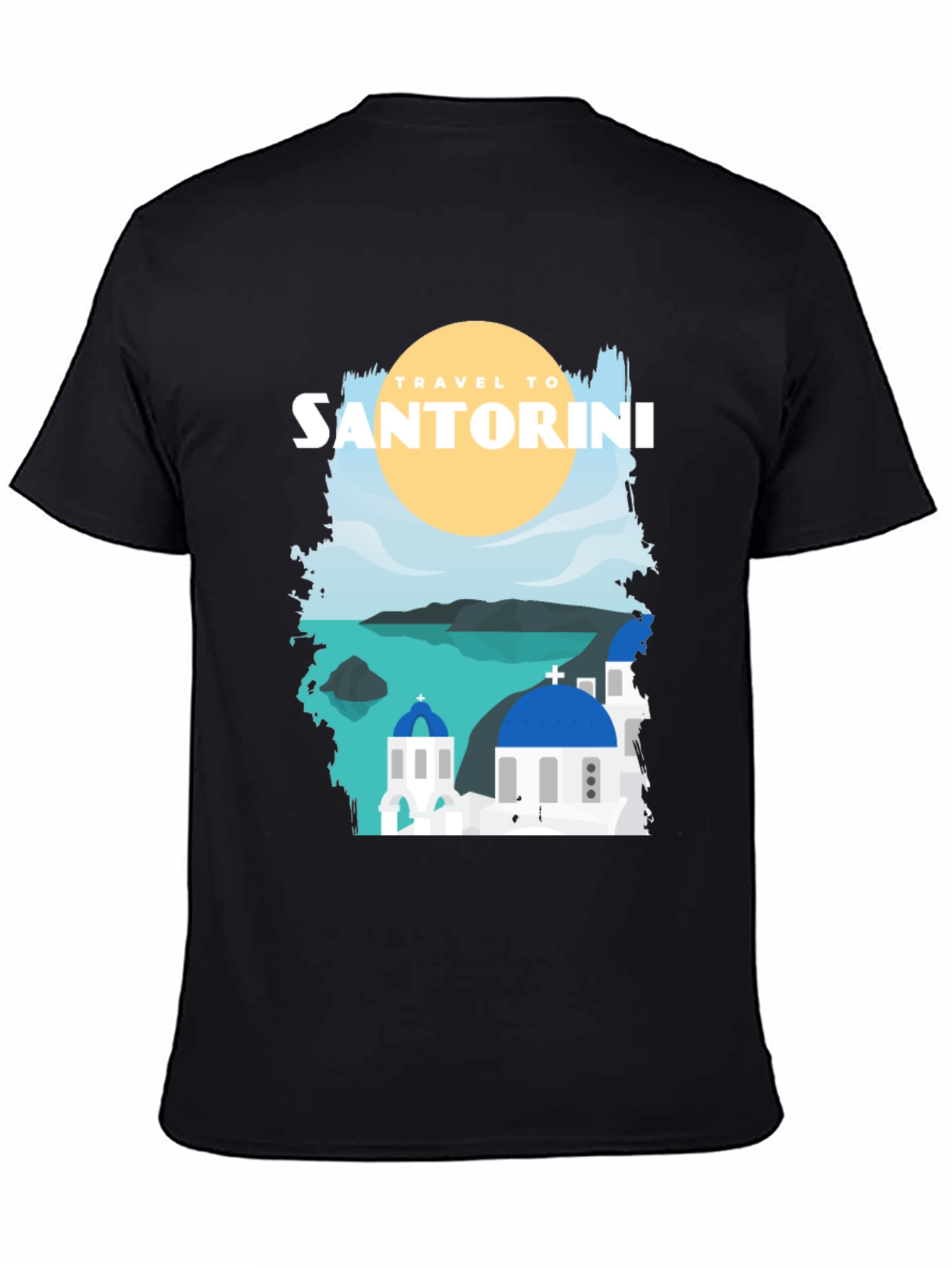 Santorini Travel Graphic Tee - Black Cotton T-Shirt
