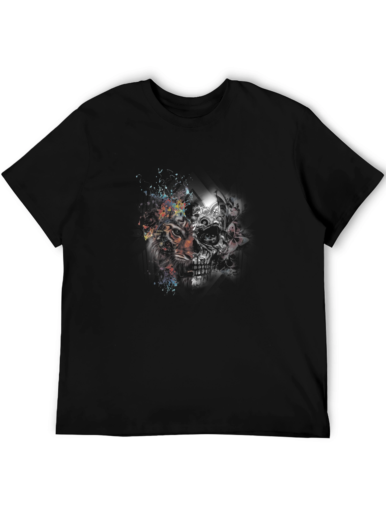 Tiger & Skull Graphic Print Black T-Shirt