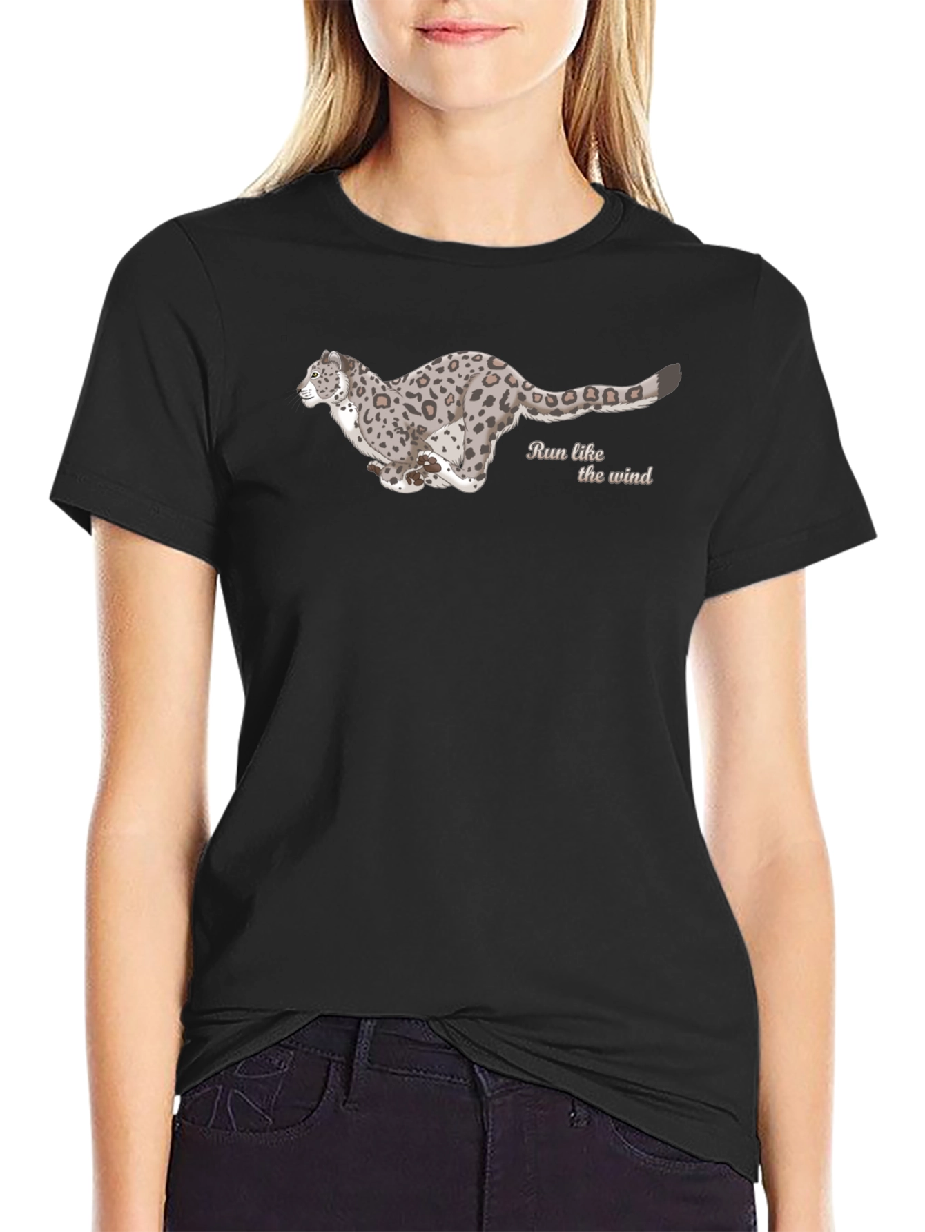 Black T-Shirt with Running Leopard Design