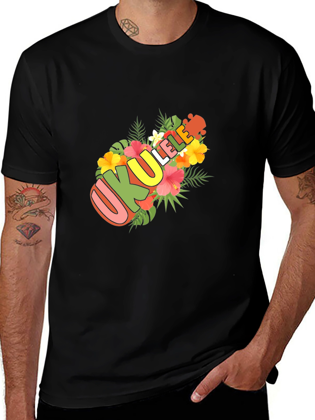 Ukulele Floral Design Black T-Shirt
