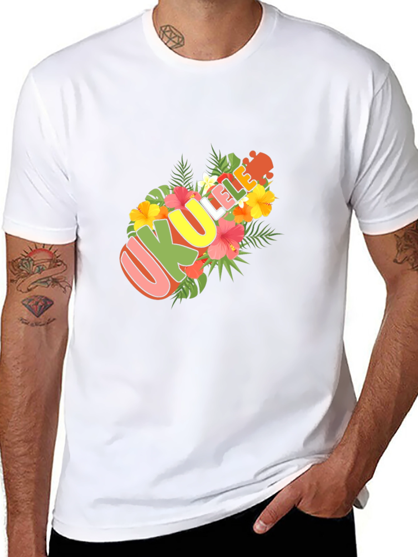 Ukulele Floral Design Black T-Shirt
