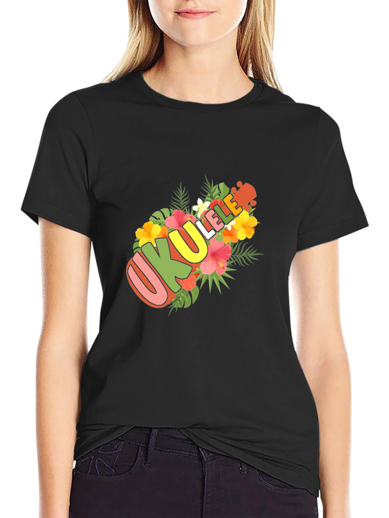 Ukulele Floral Design Black T-Shirt