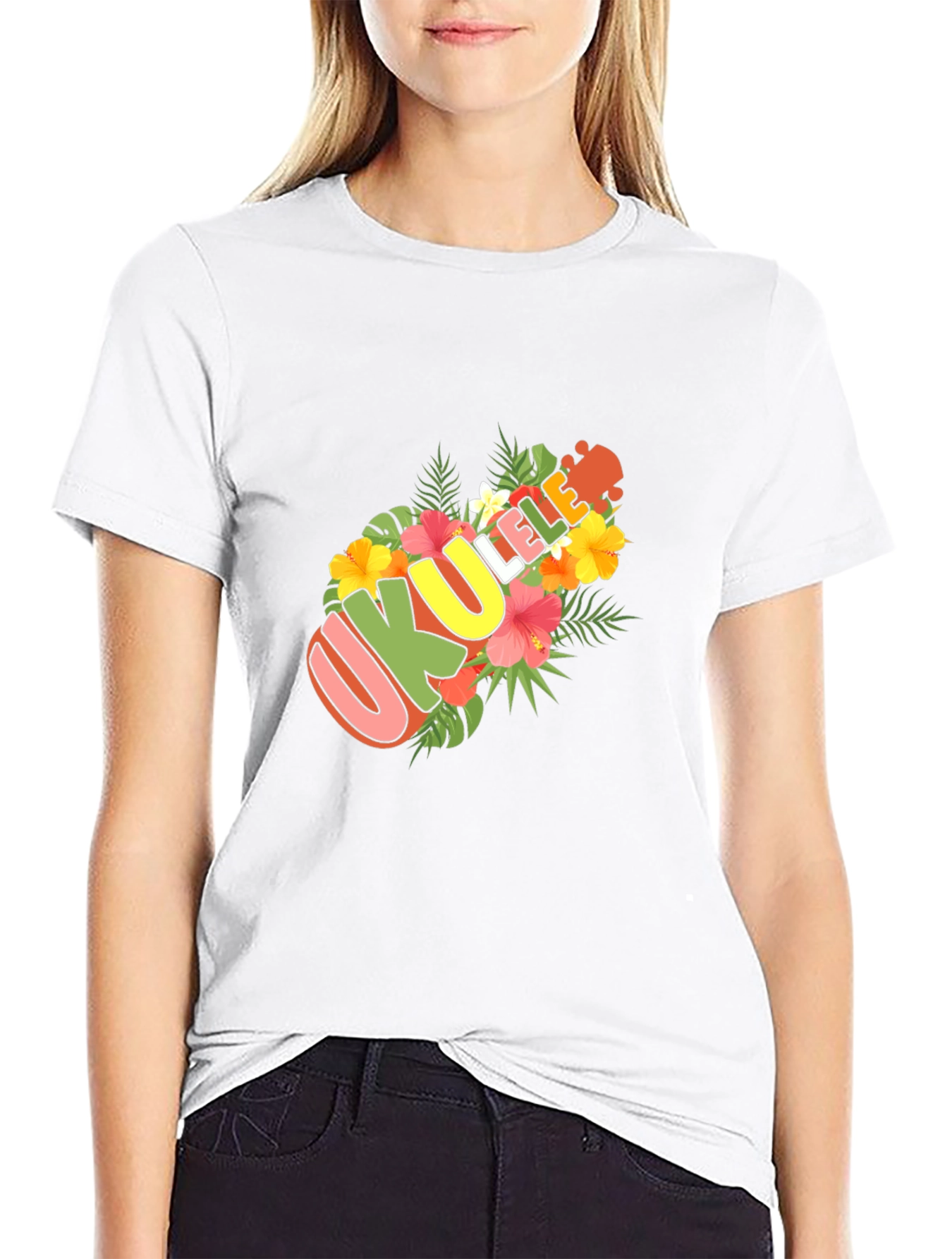 Ukulele Floral Design Black T-Shirt
