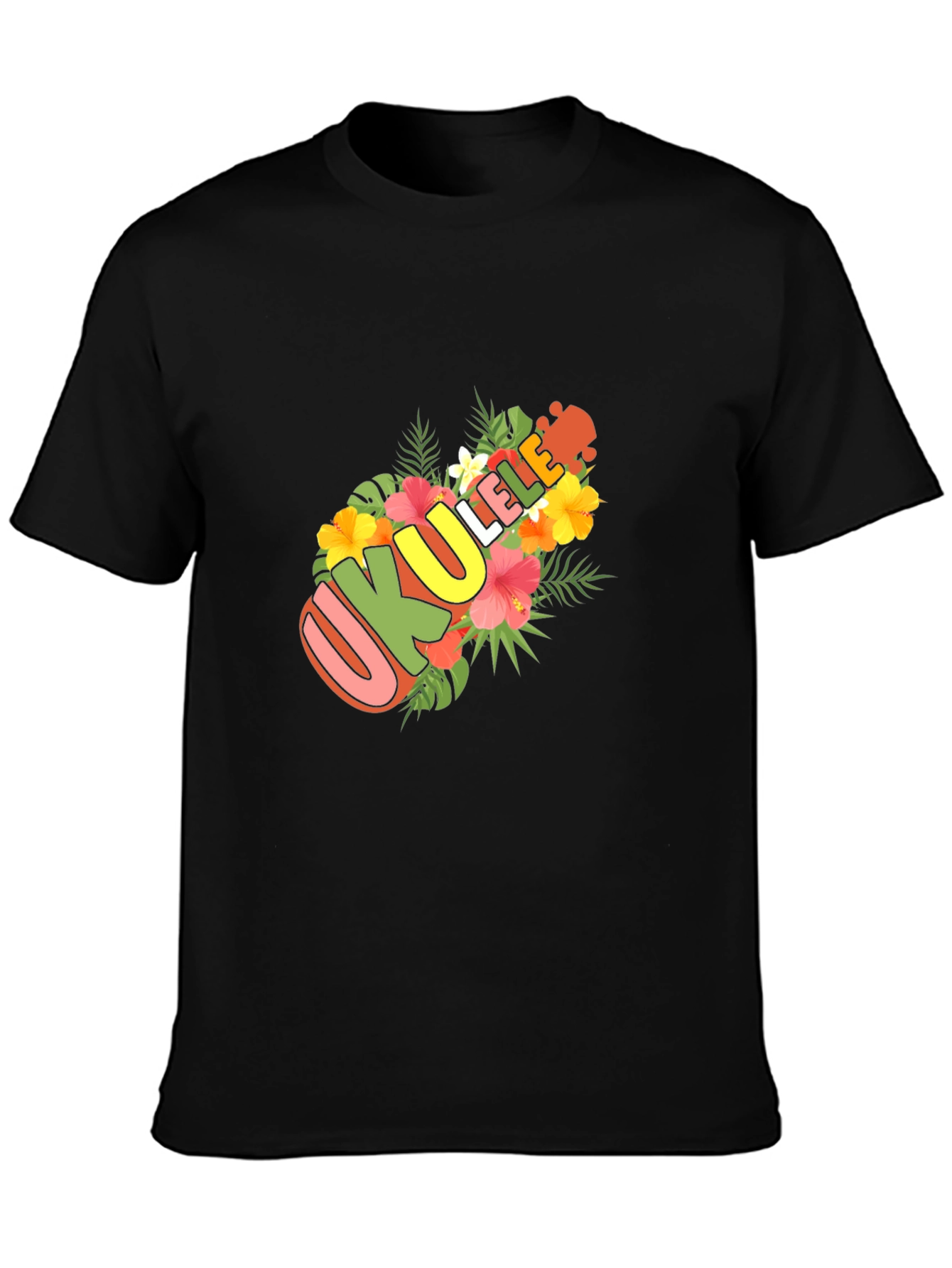 Ukulele Floral Design Black T-Shirt