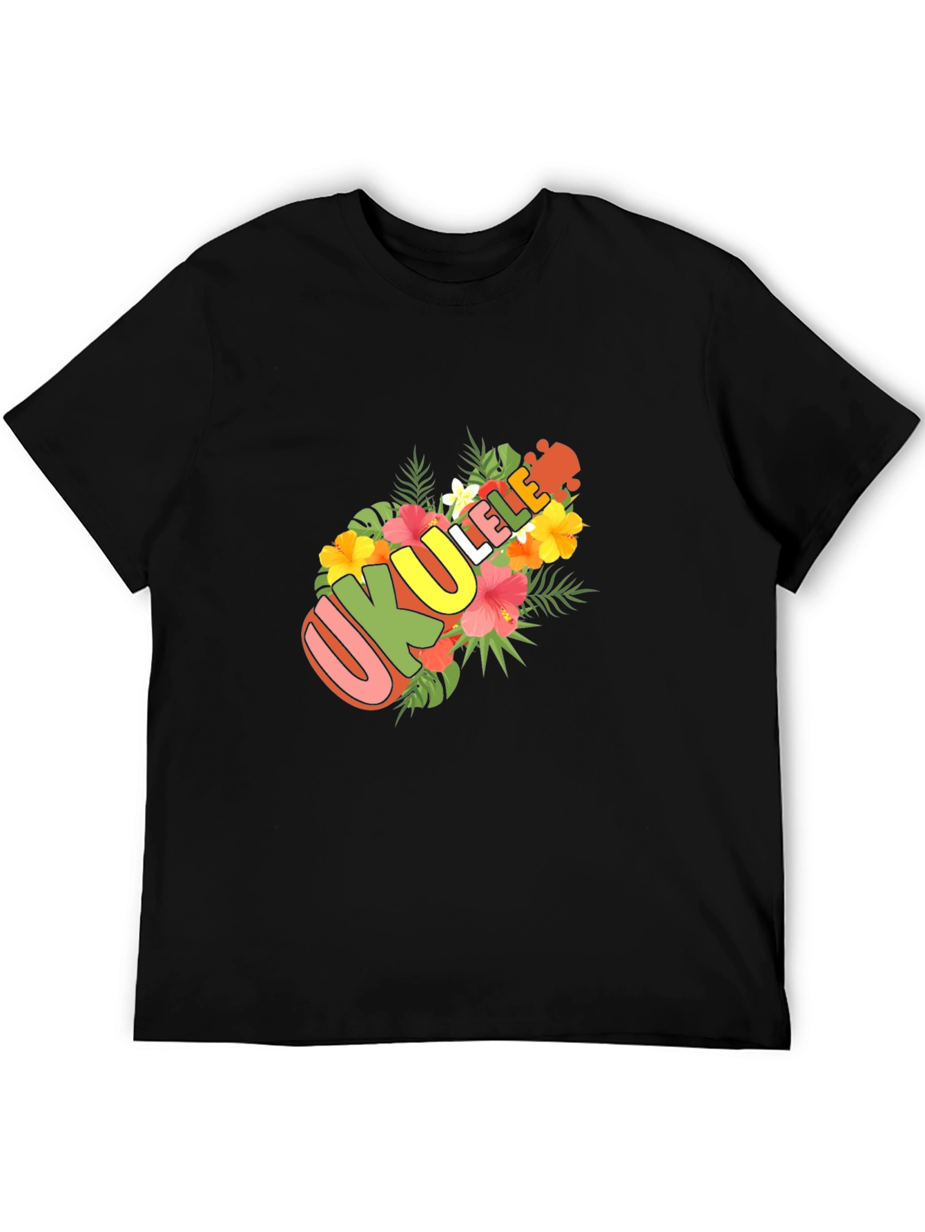 Ukulele Floral Design Black T-Shirt