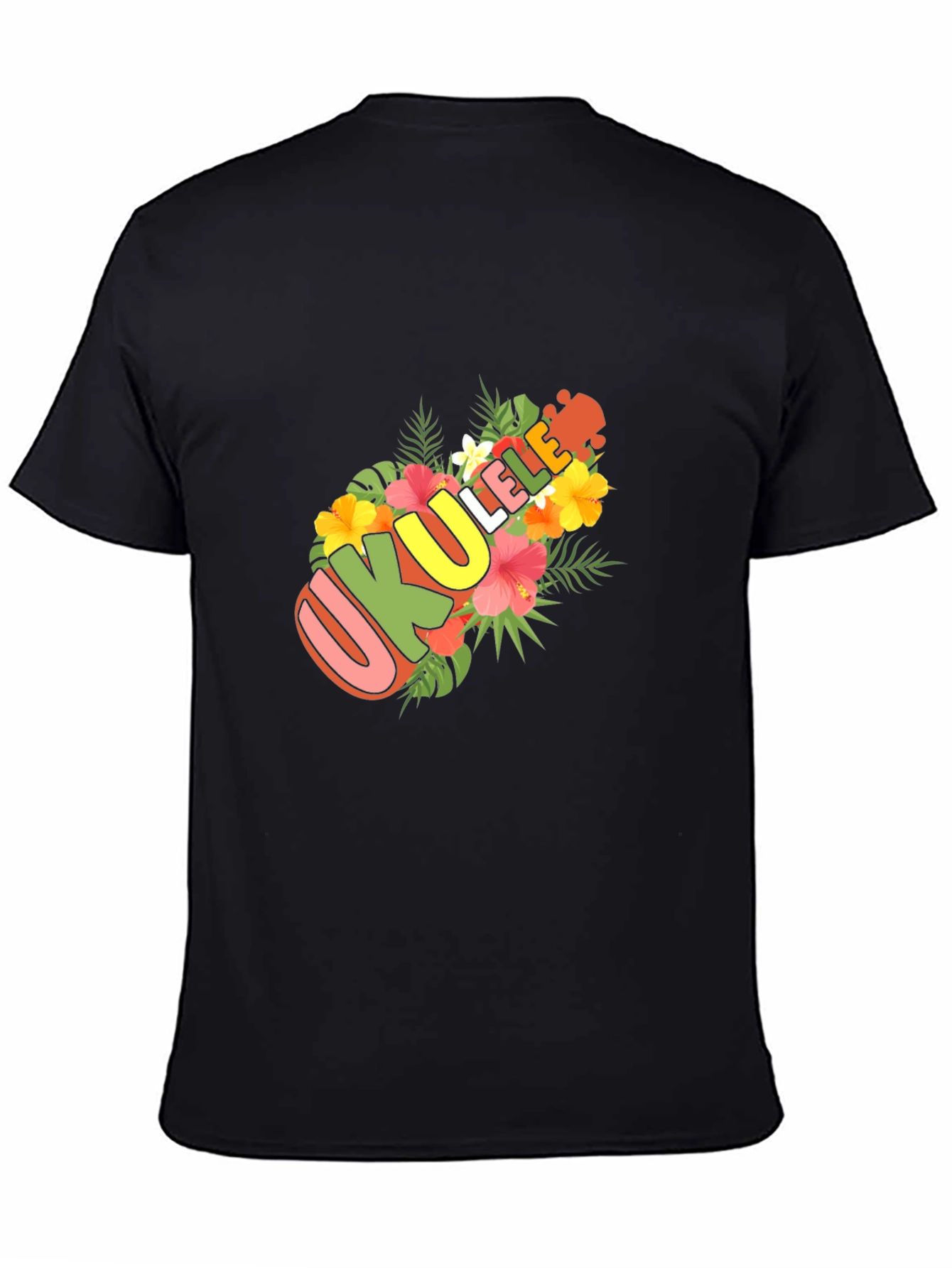Ukulele Floral Design Black T-Shirt