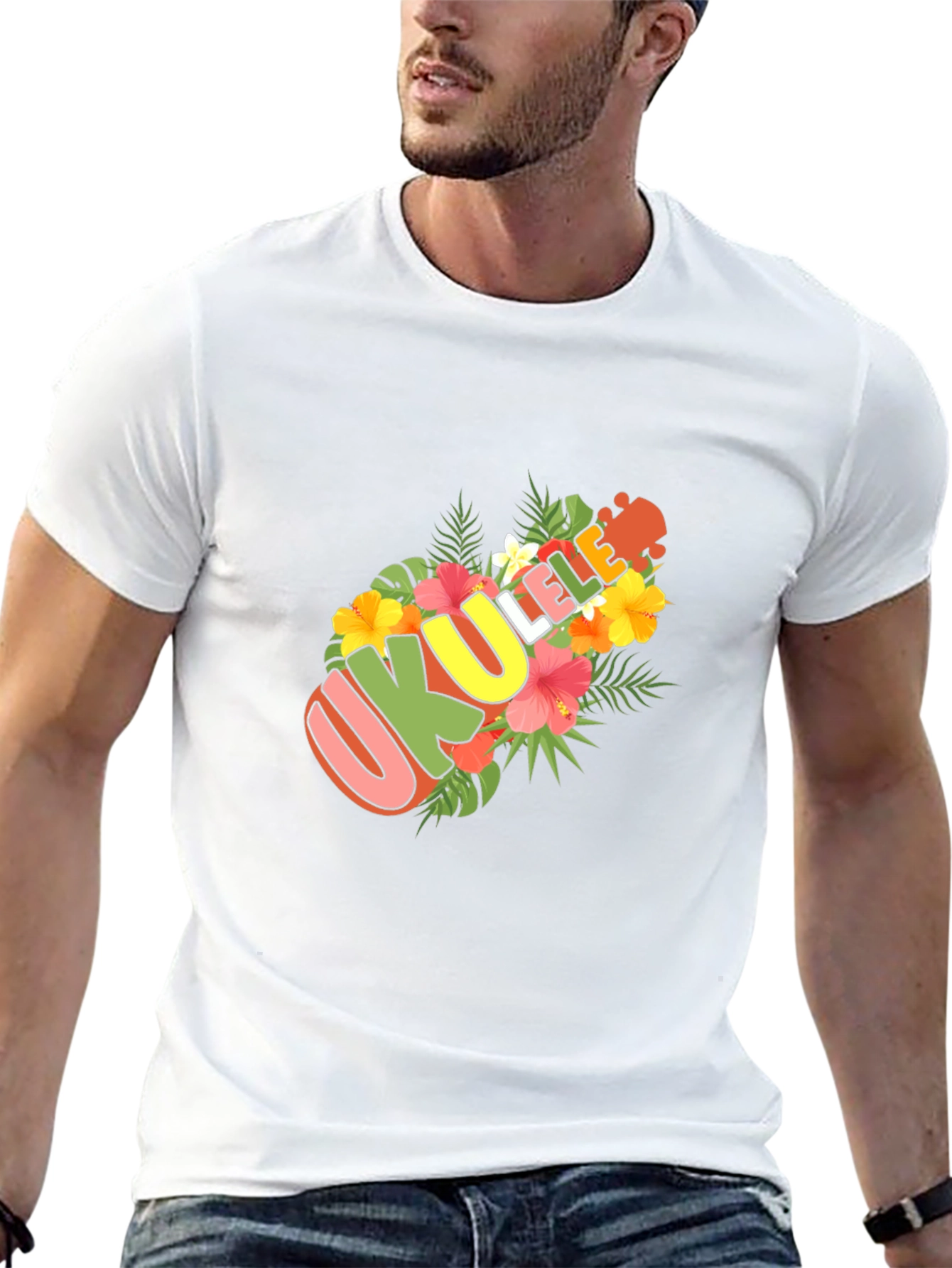 Ukulele Floral Design Black T-Shirt
