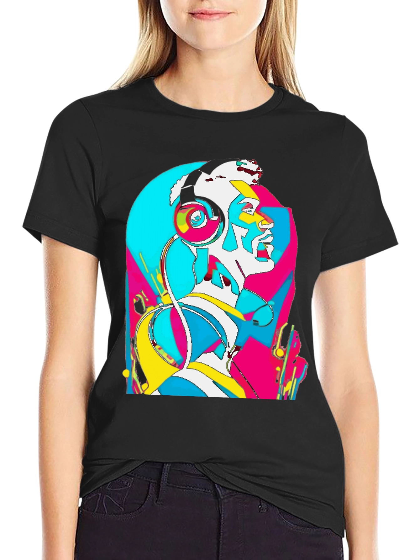 Abstract Art Headphones Black T-Shirt