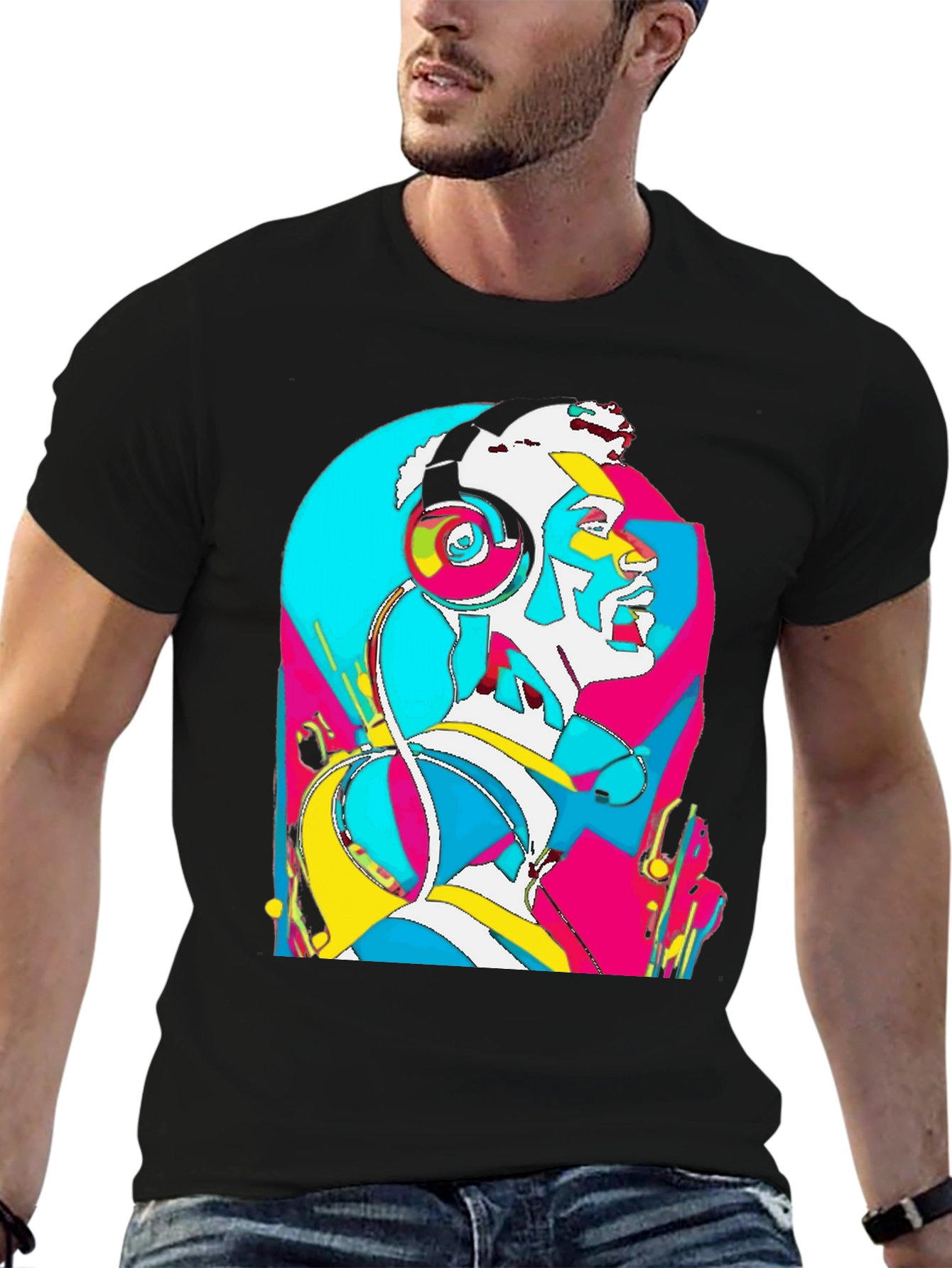 Abstract Art Headphones Black T-Shirt