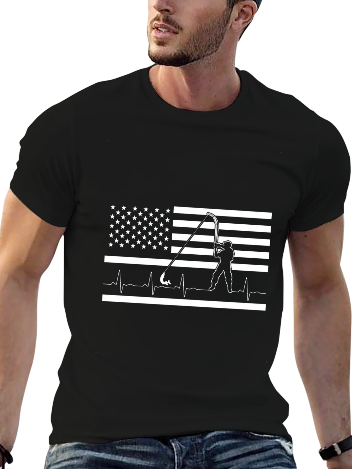 American Flag Fishing Heartbeat T-Shirt