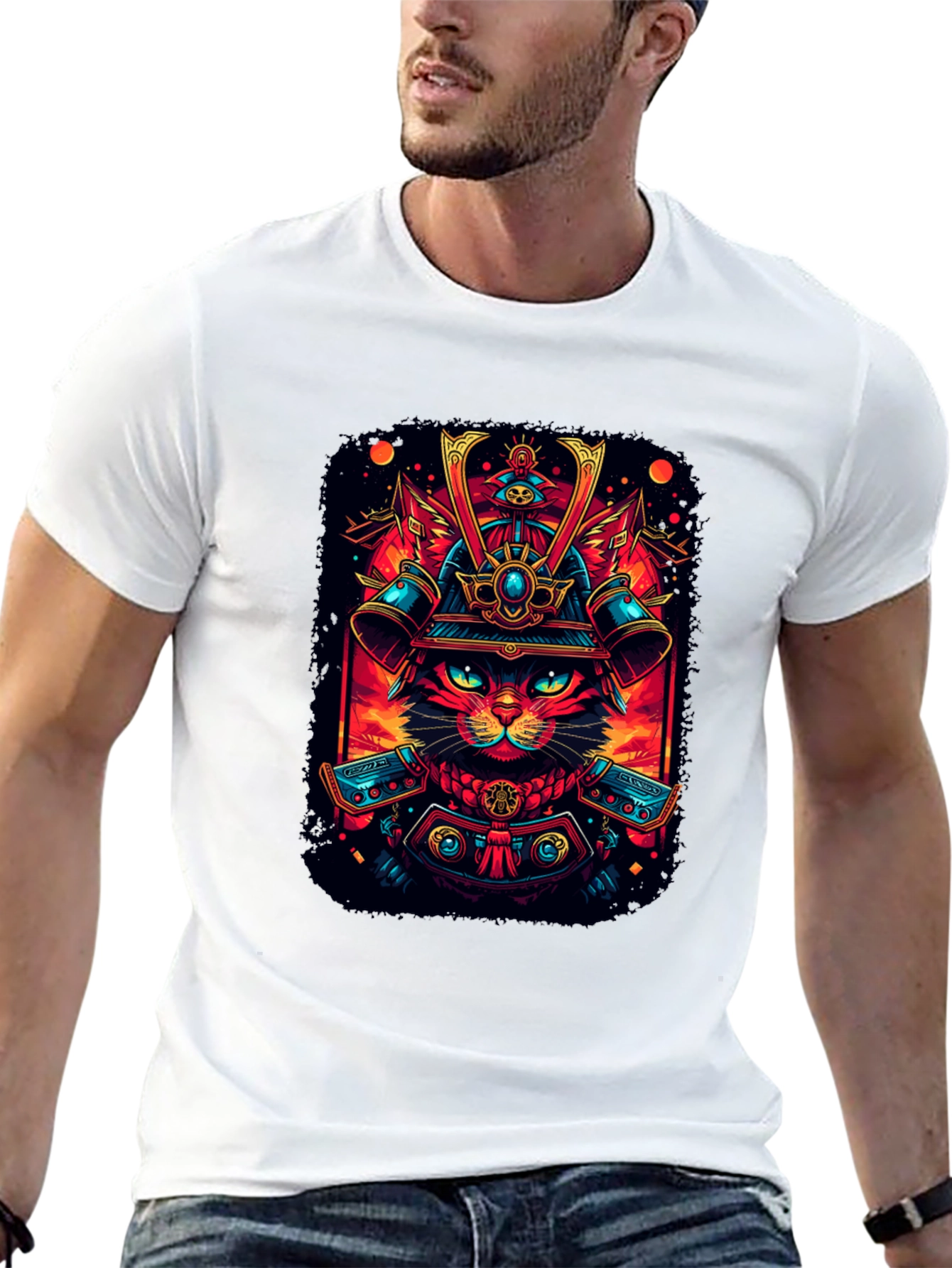 Samurai Cat Graphic Tee - Black Cotton