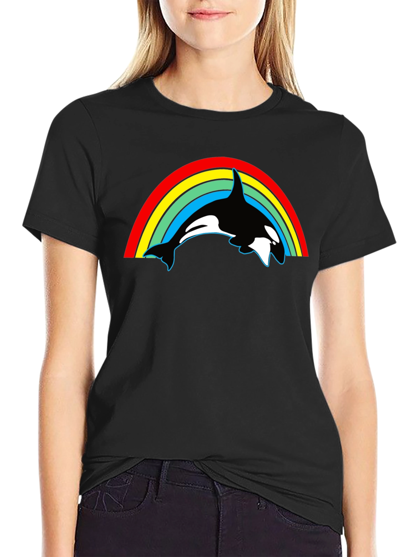Orca Rainbow Graphic Tee - Black Cotton T-Shirt