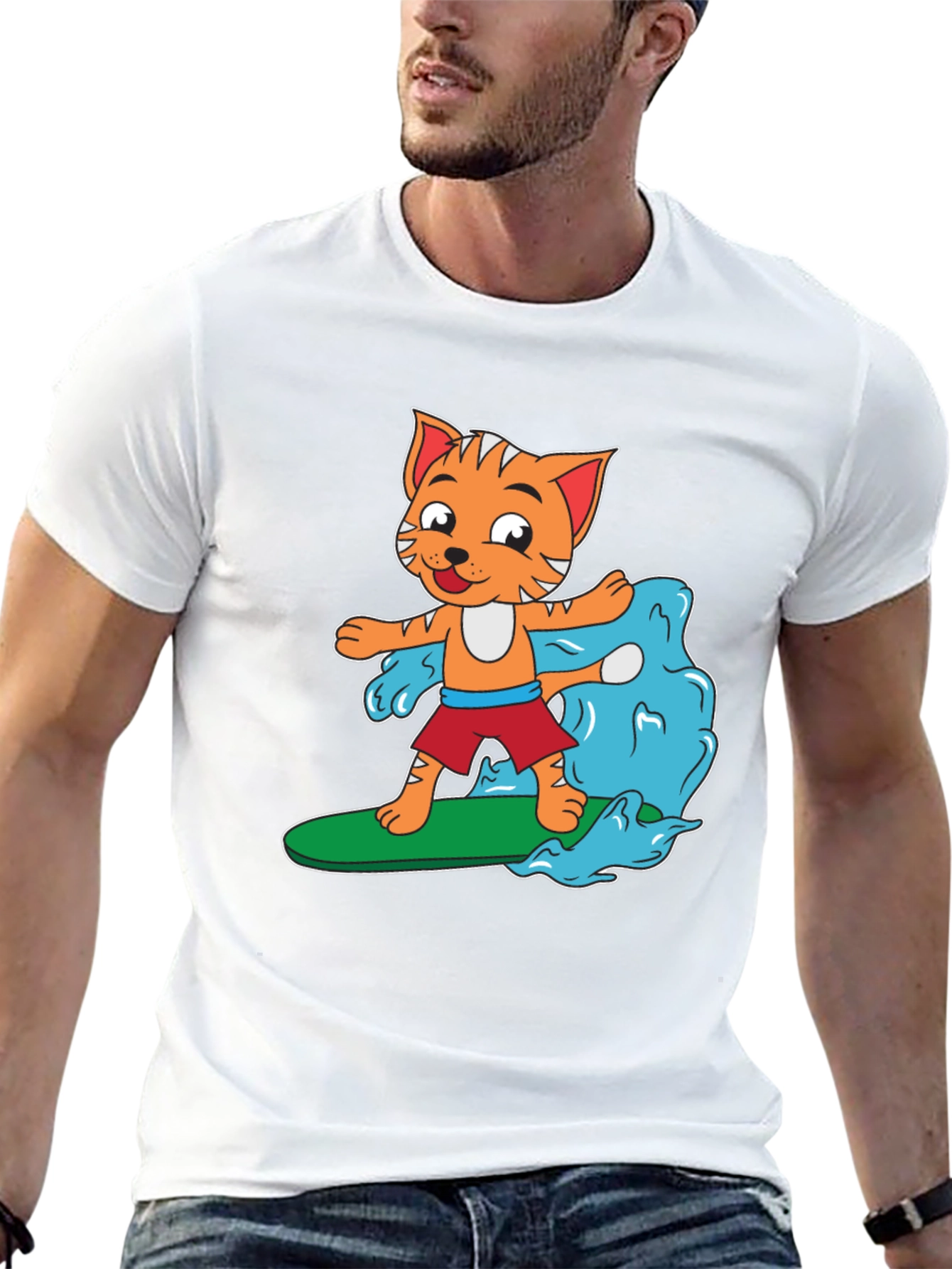 Cartoon Cat Surfing T-Shirt - Black Cotton Tee