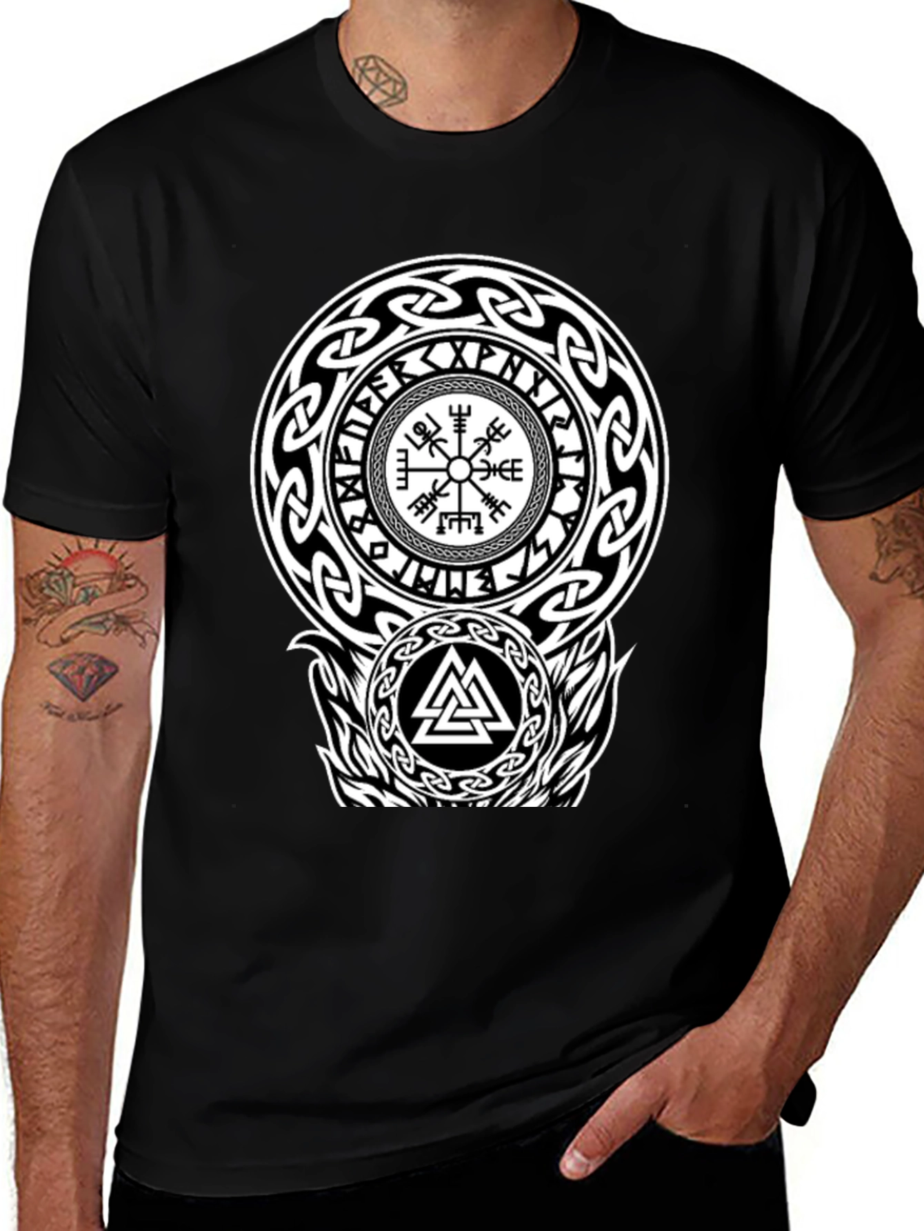 Viking Rune Compass Valknut Black T-Shirt