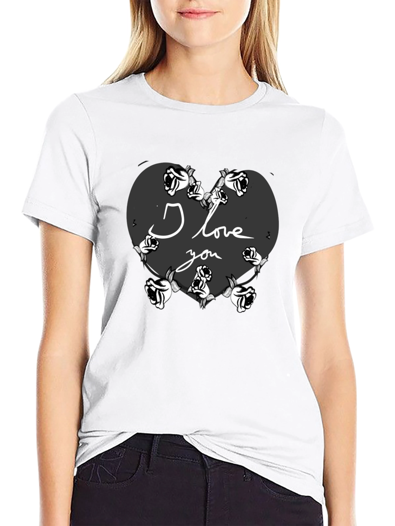 I Love You Heart Roses Valentines Black T-Shirt