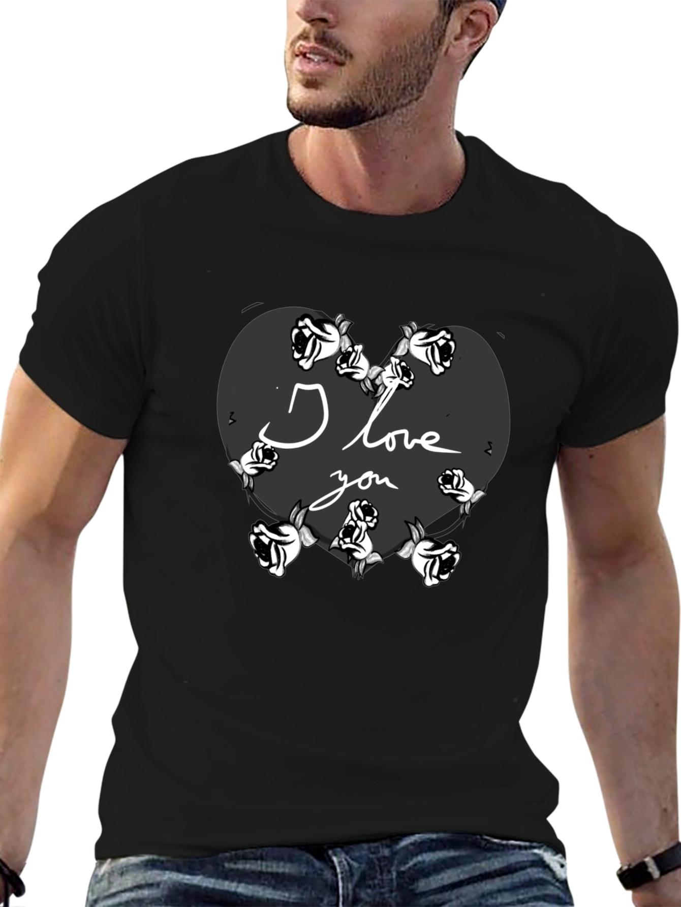 I Love You Heart Roses Valentines Black T-Shirt