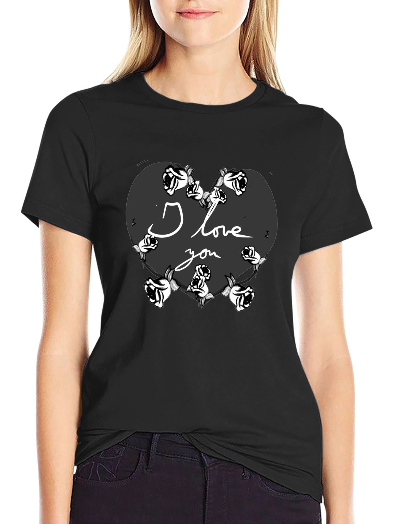 I Love You Heart Roses Valentines Black T-Shirt