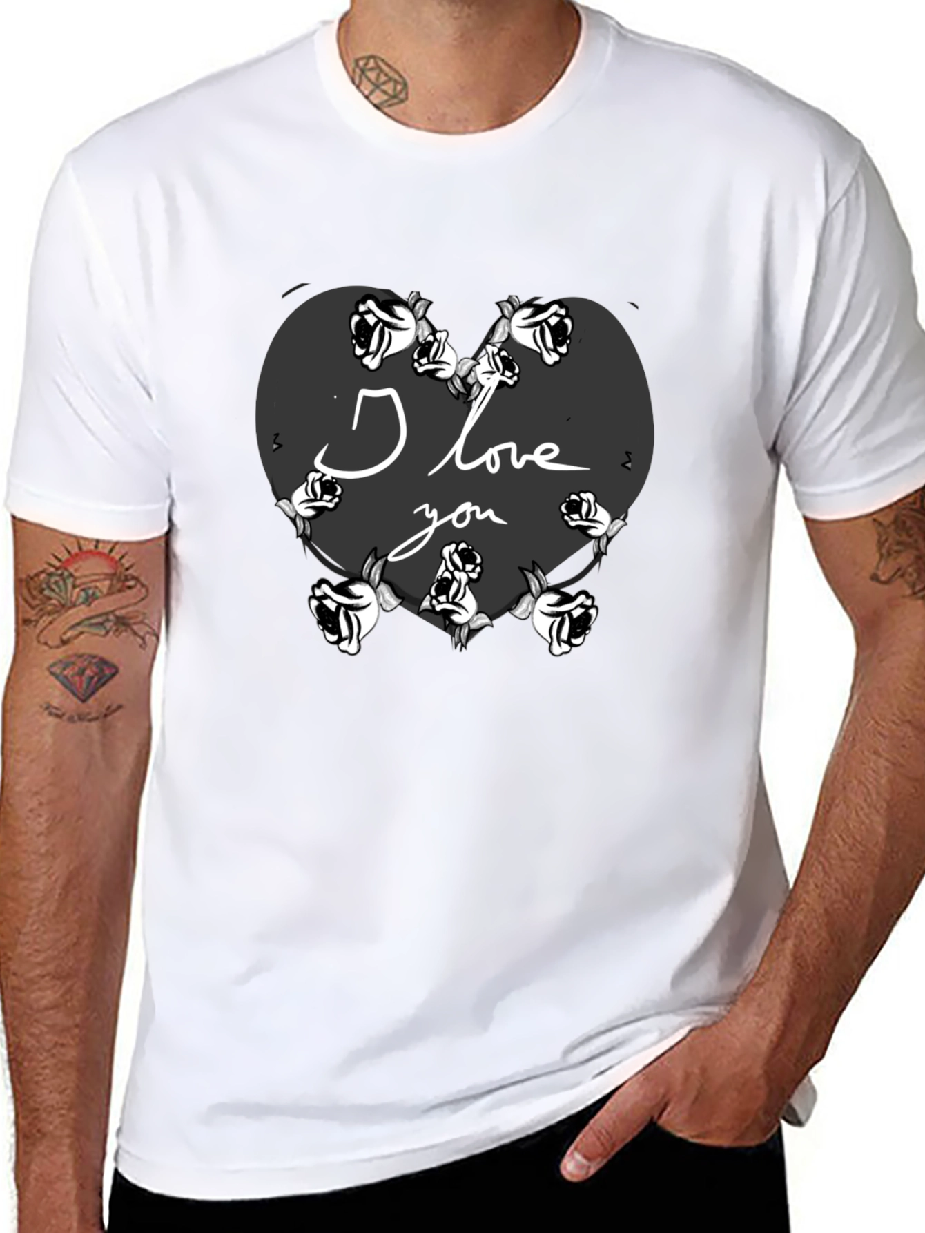 I Love You Heart Roses Valentines Black T-Shirt