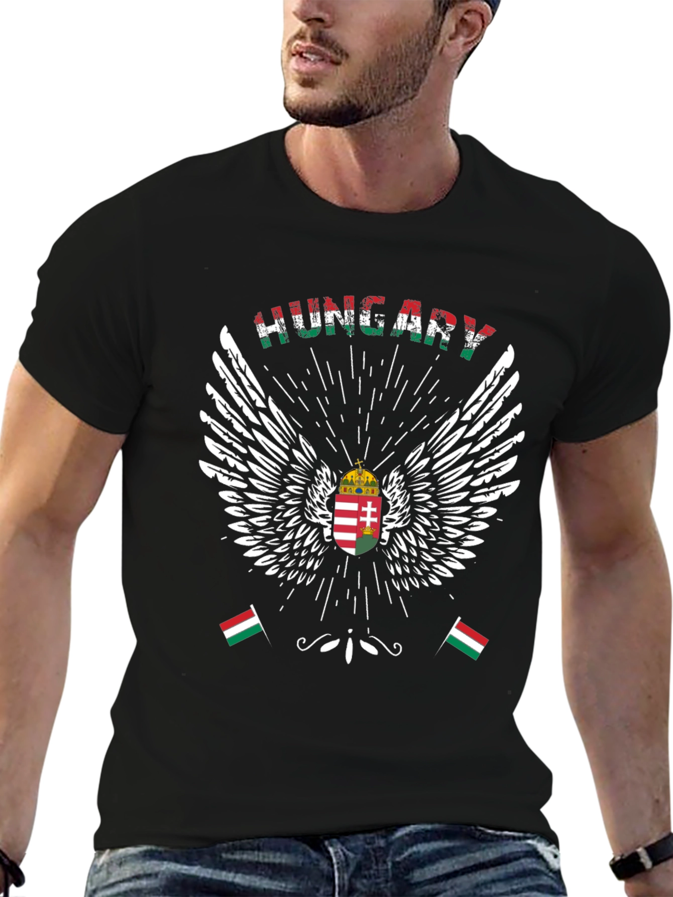 Hungary Flag Wings Graphic T-Shirt - Black Cotton Tee