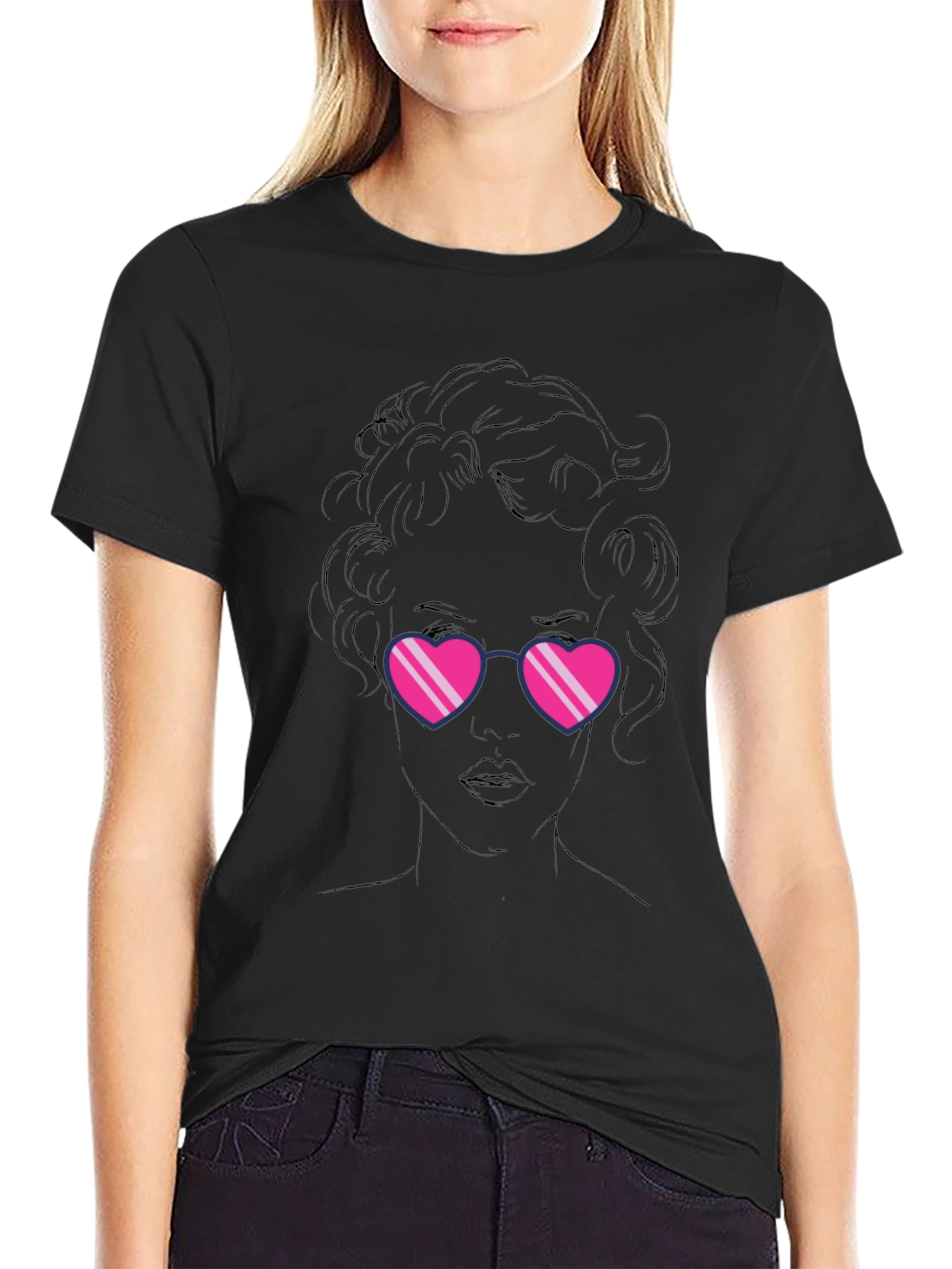 Heart Sunglasses Graphic Black T-Shirt