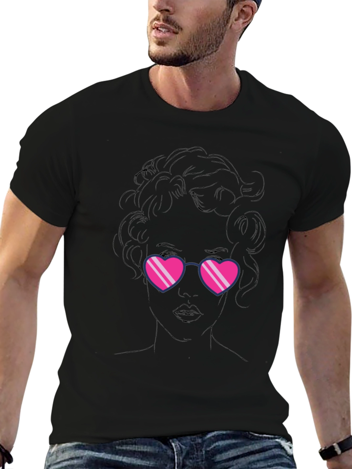 Heart Sunglasses Graphic Black T-Shirt
