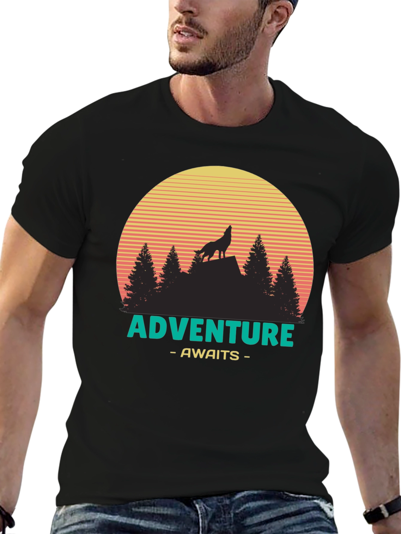 Adventure Awaits Graphic T-Shirt - Wolf & Sunset Design
