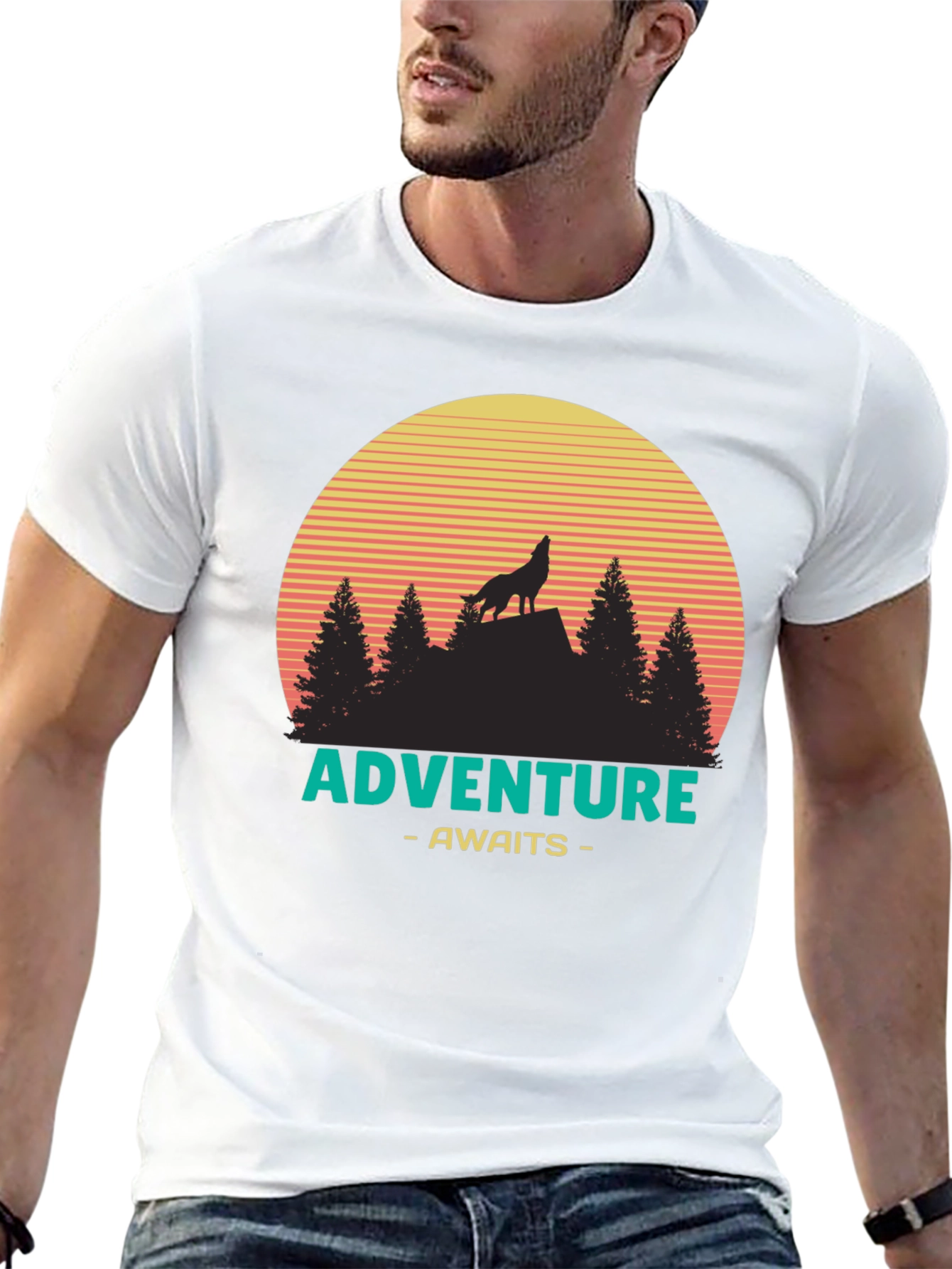 Adventure Awaits Graphic T-Shirt - Wolf & Sunset Design