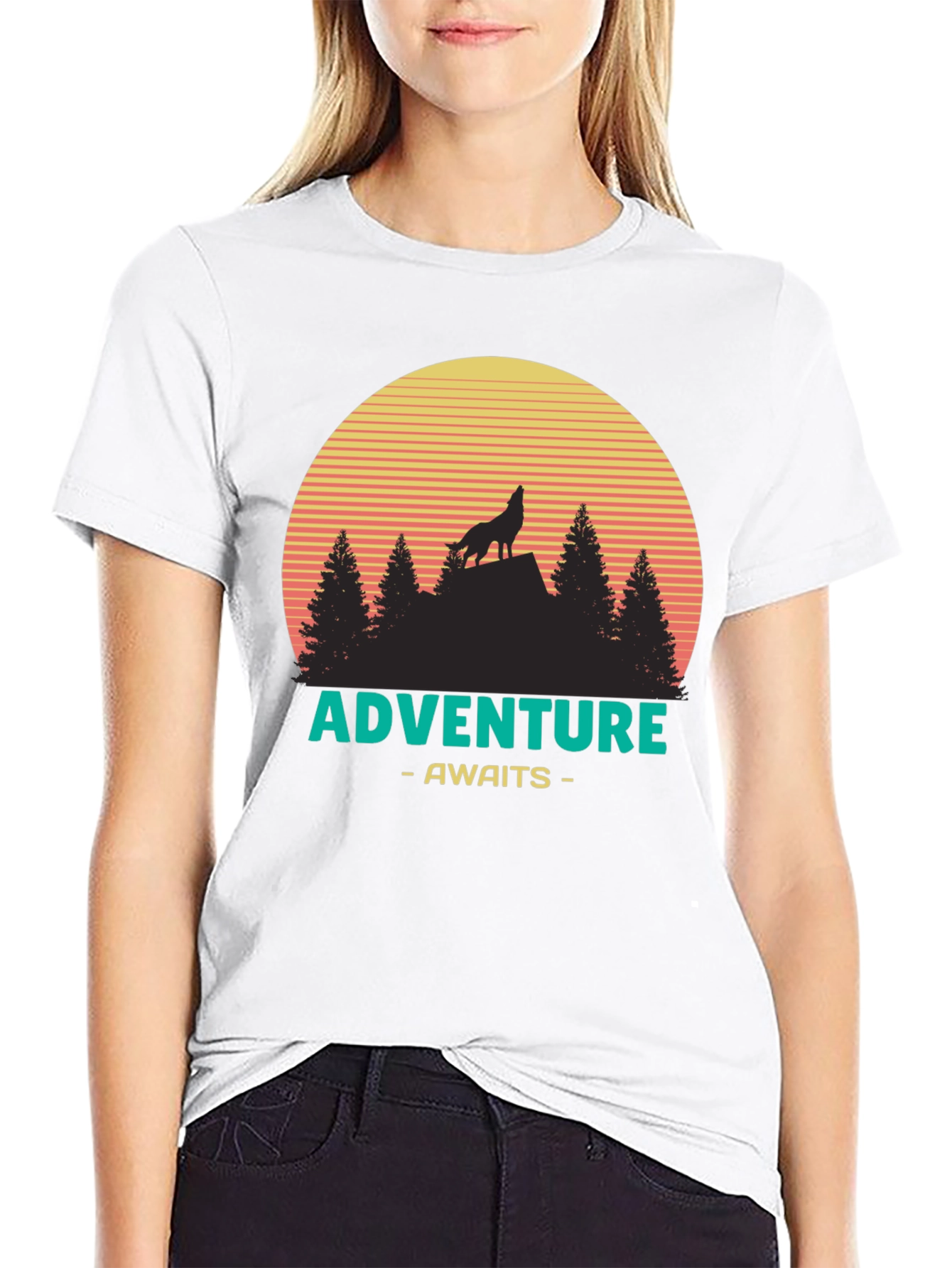 Adventure Awaits Graphic T-Shirt - Wolf & Sunset Design
