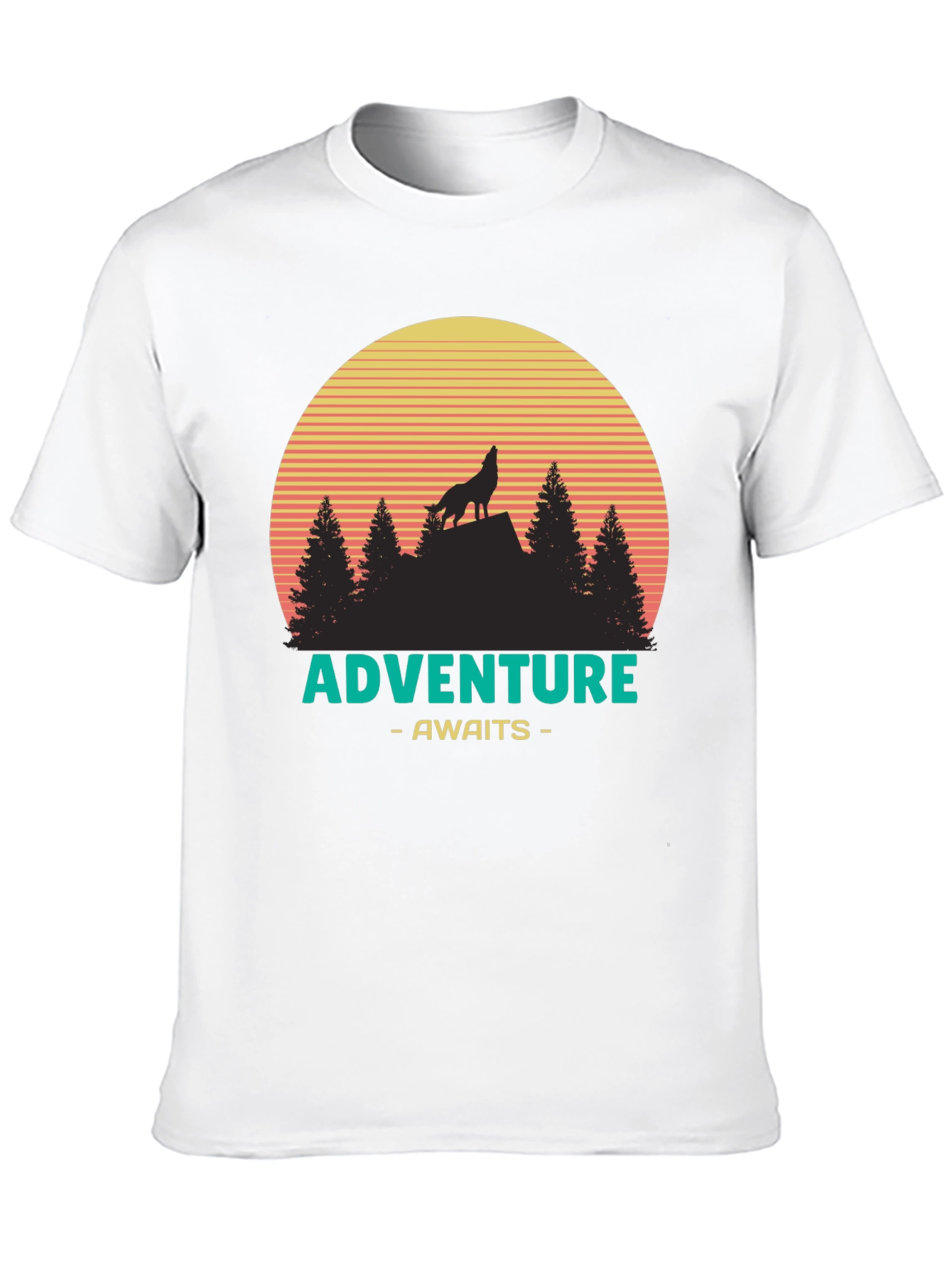 Adventure Awaits Graphic T-Shirt - Wolf & Sunset Design