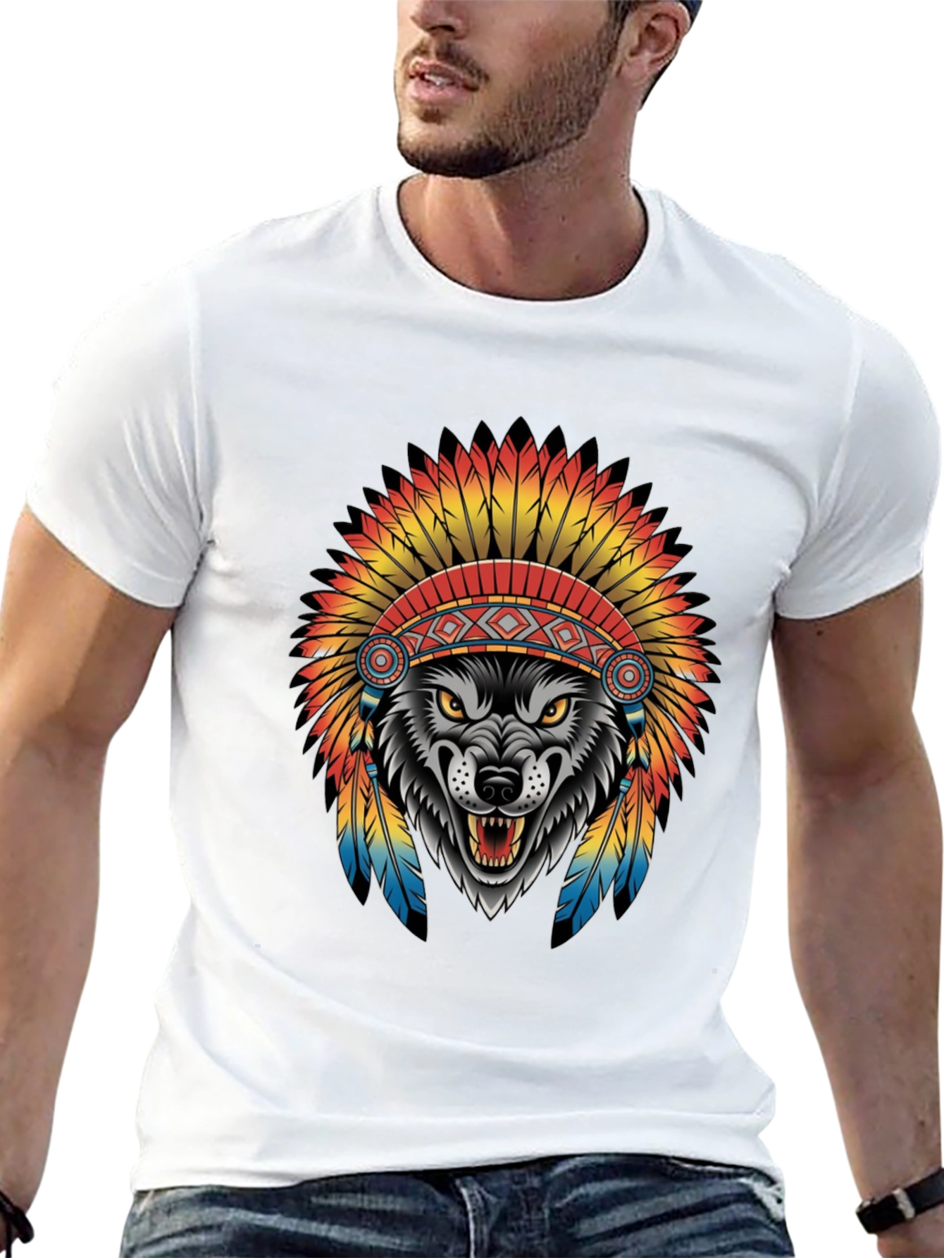 Wolf in Headdress Graphic Tee - Black