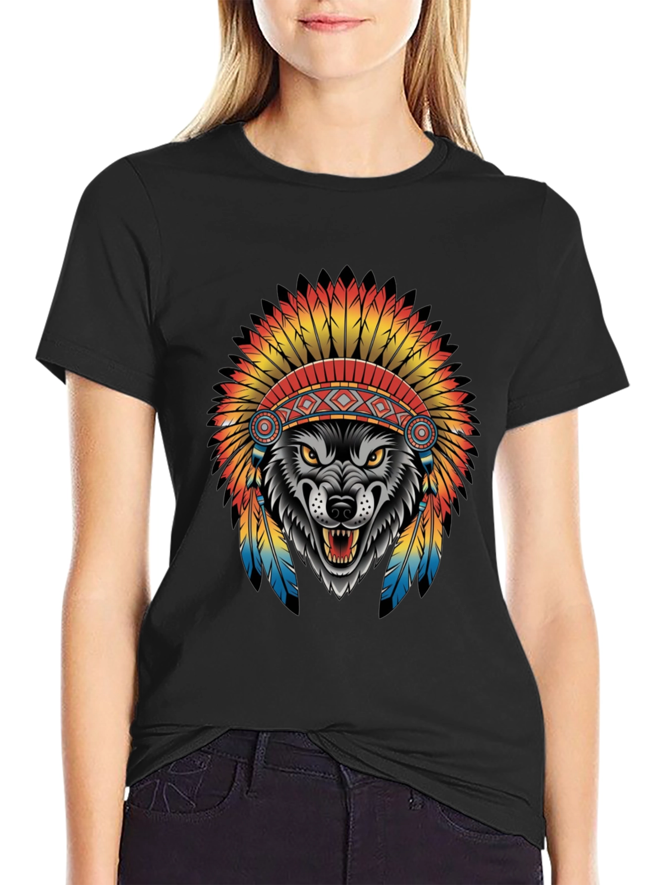 Wolf in Headdress Graphic Tee - Black
