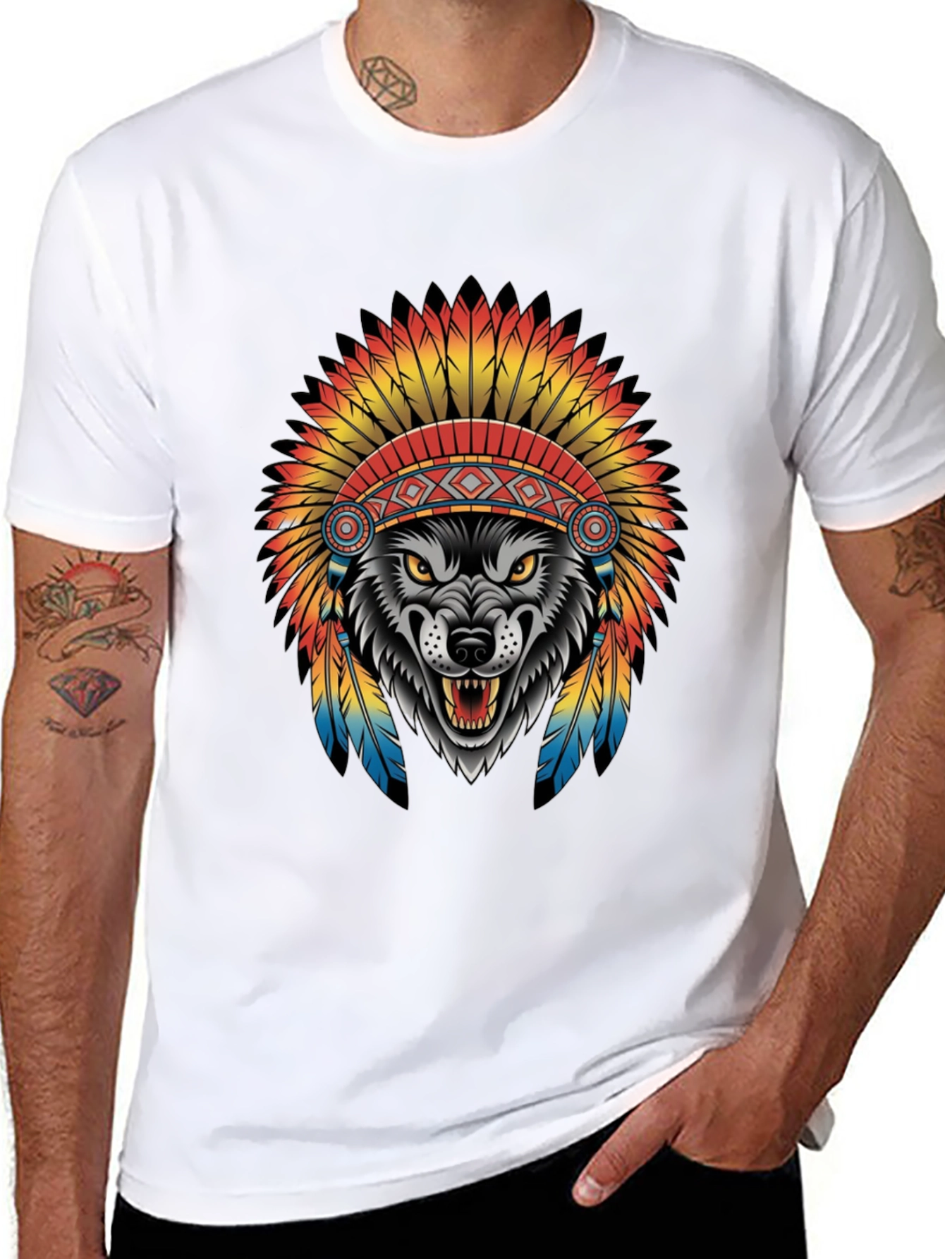 Wolf in Headdress Graphic Tee - Black