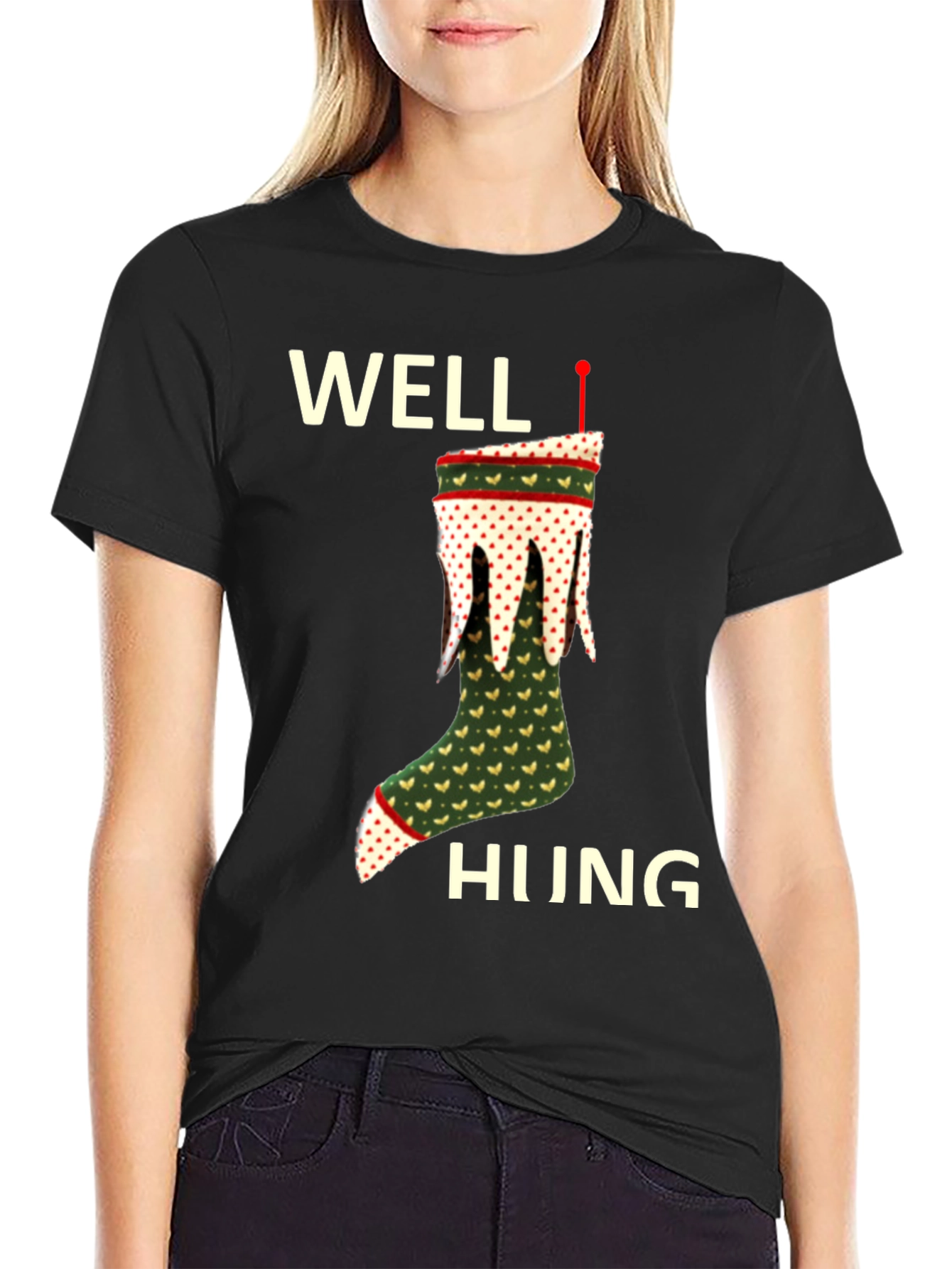 Well Hung Christmas Stocking T-Shirt Funny Holiday Tee