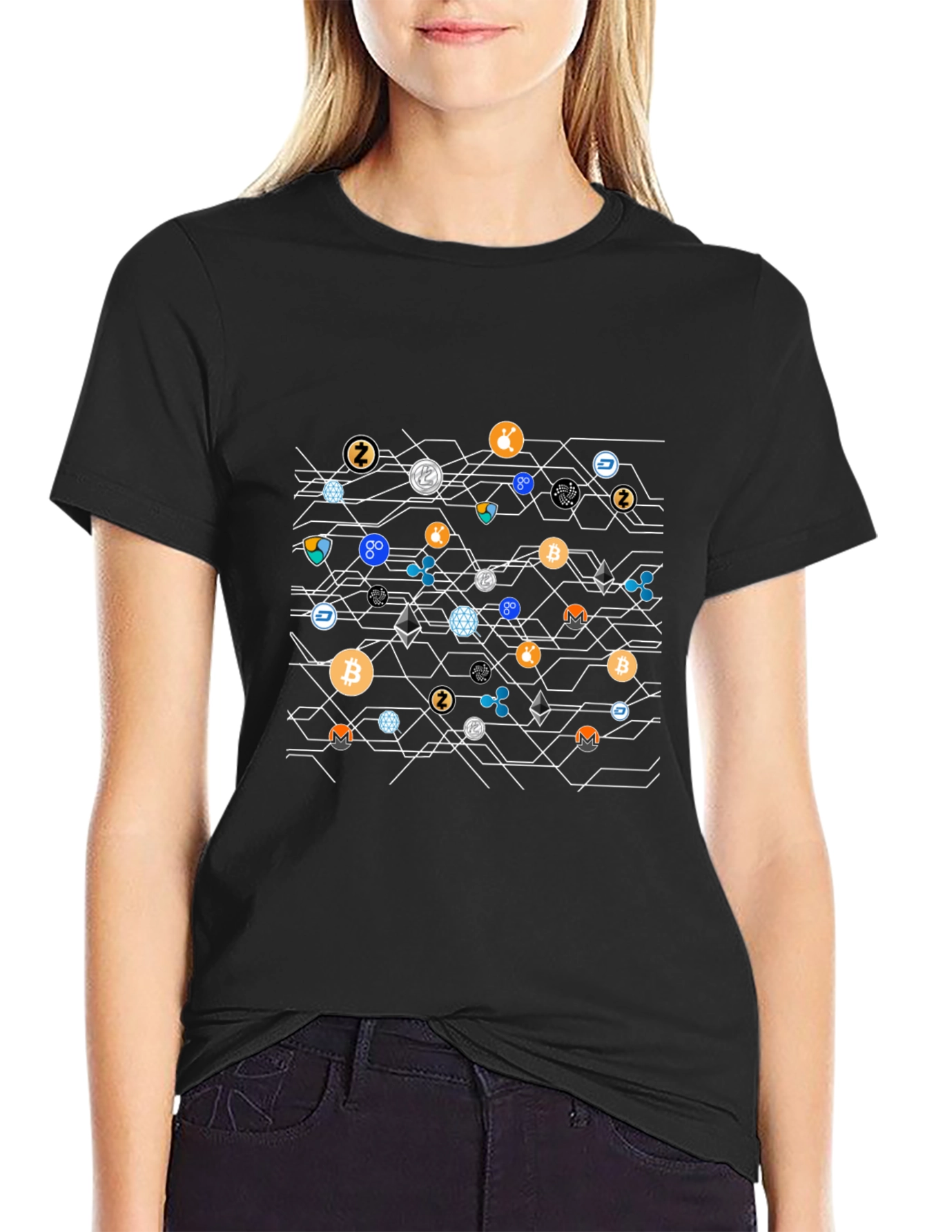 Crypto Pattern T-Shirt - Black Casual Style