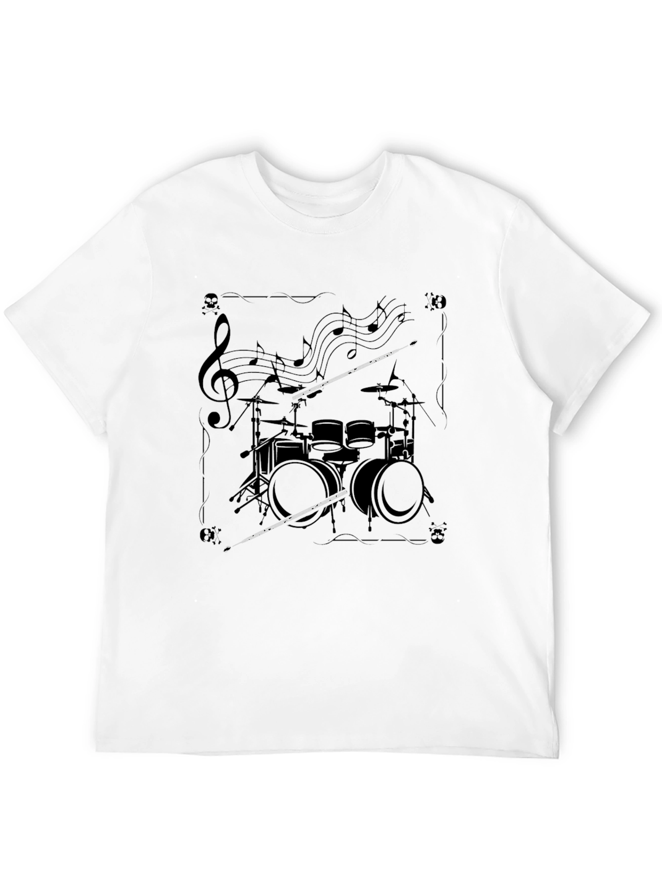 Drum Set Music Notes Graphic Black T-Shirt