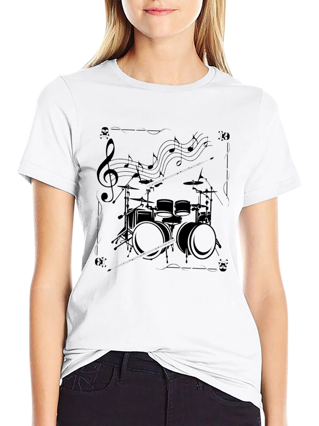 Drum Set Music Notes Graphic Black T-Shirt