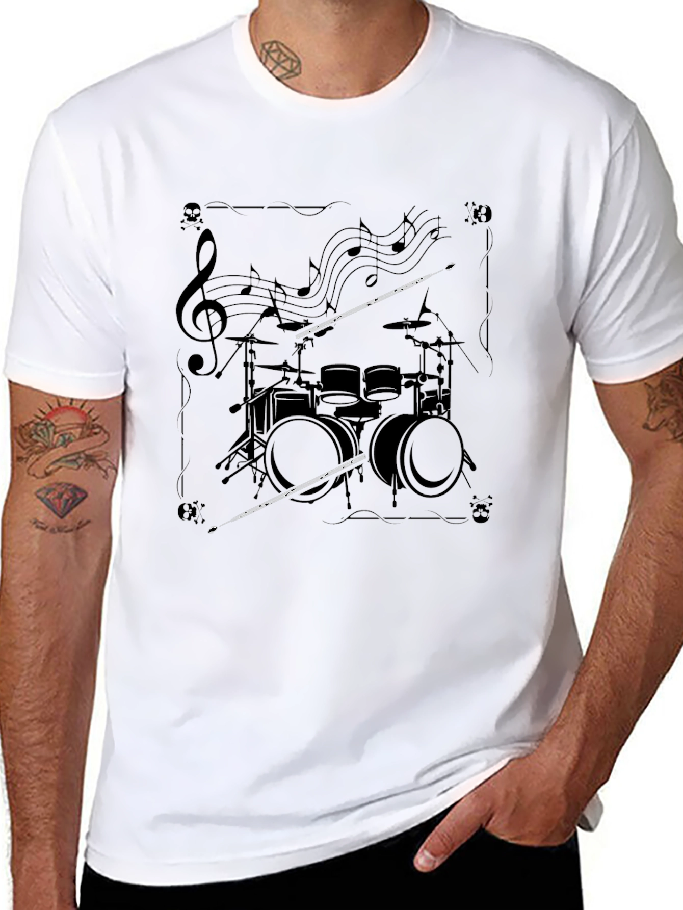 Drum Set Music Notes Graphic Black T-Shirt