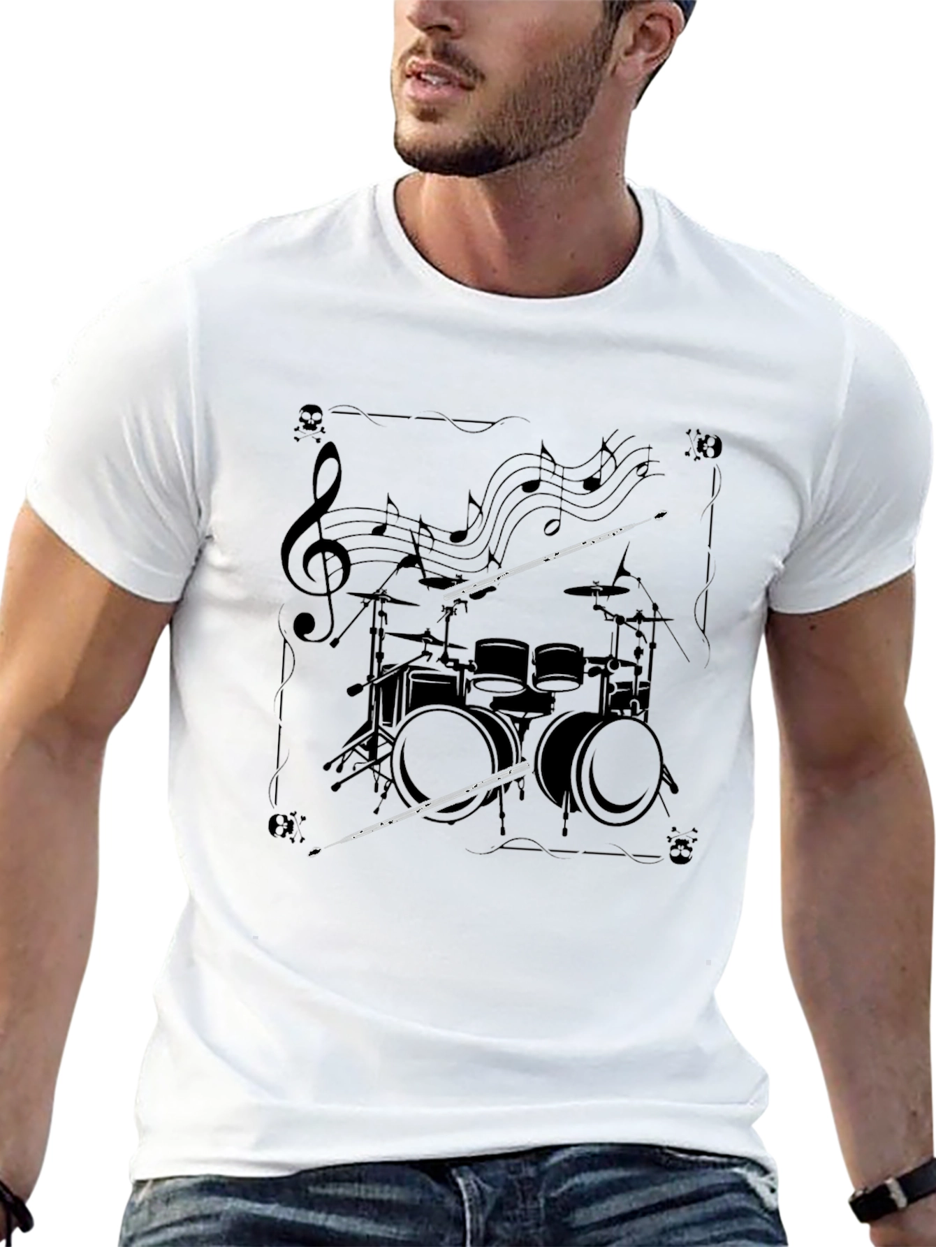 Drum Set Music Notes Graphic Black T-Shirt